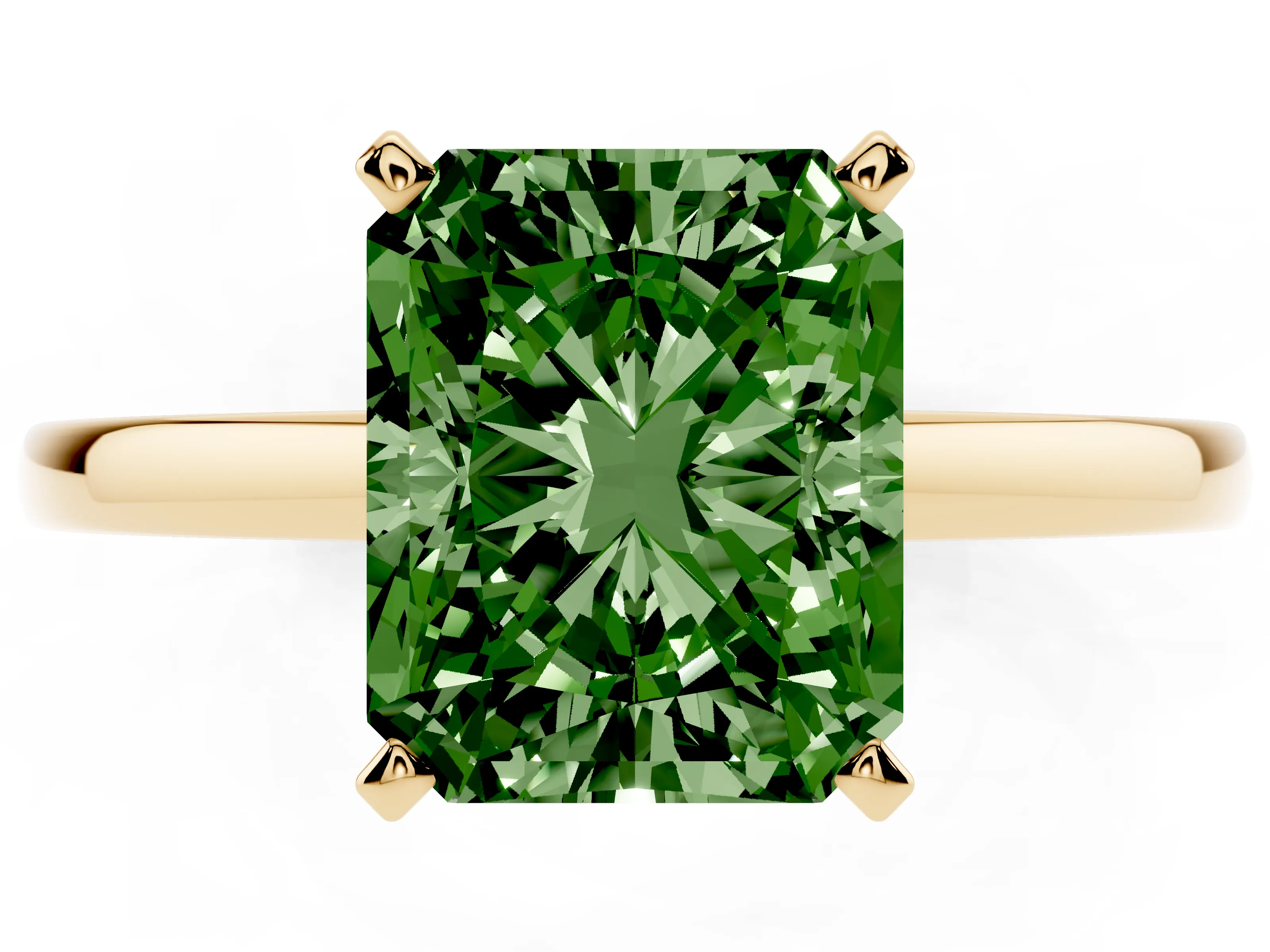 Fancy Green Radiant Cut Diamond Solitaire Engagement Ring Set in Yellow gold with Prong Setting on a Classic Band