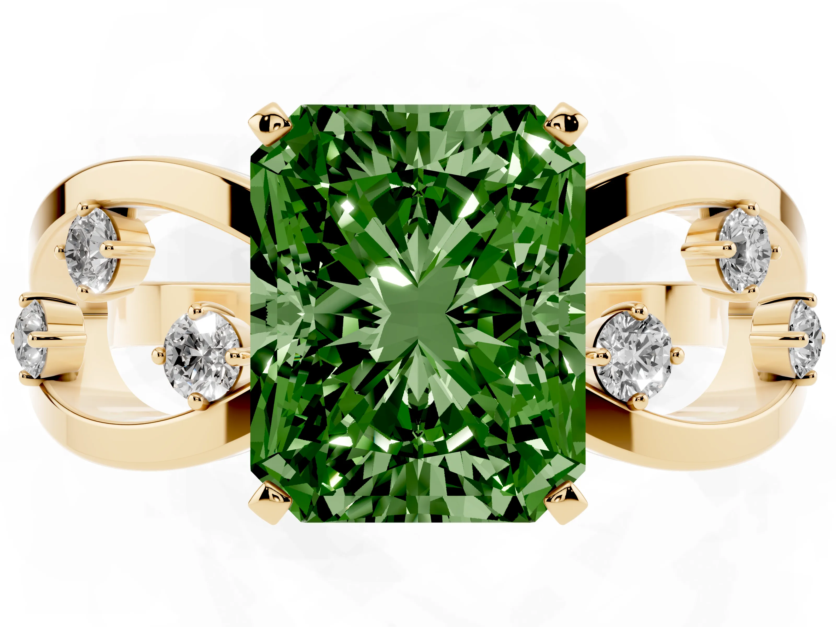 Fancy Green Radiant Cut Diamond Solitaire Ring Set in Yellow gold with Side Stones on Criss-Cross Band and Prong Setting