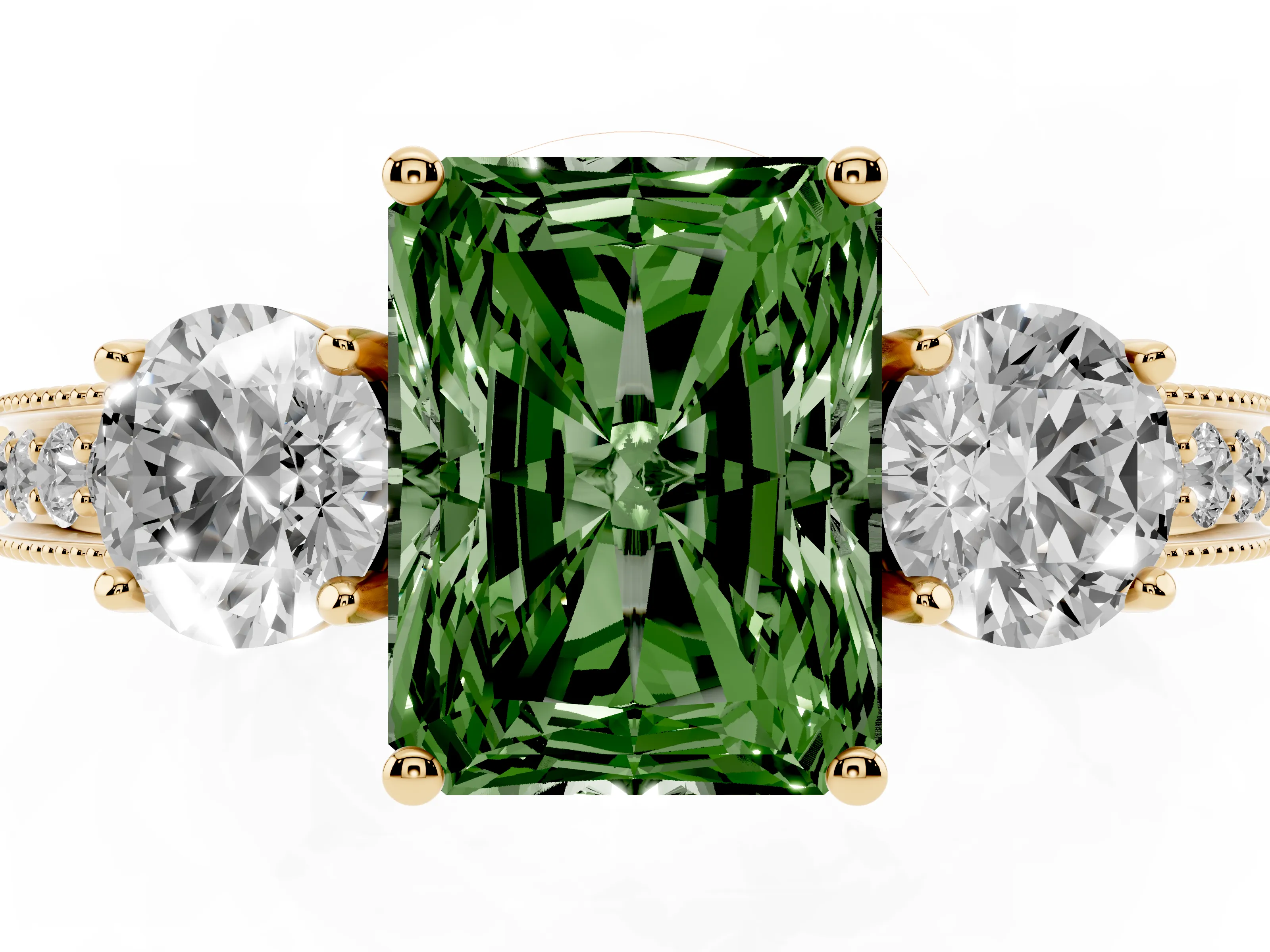 Fancy Green Radiant Cut Diamond Three-Stone Ring Set in Yellow gold with Round Side Stones and Pavé Band