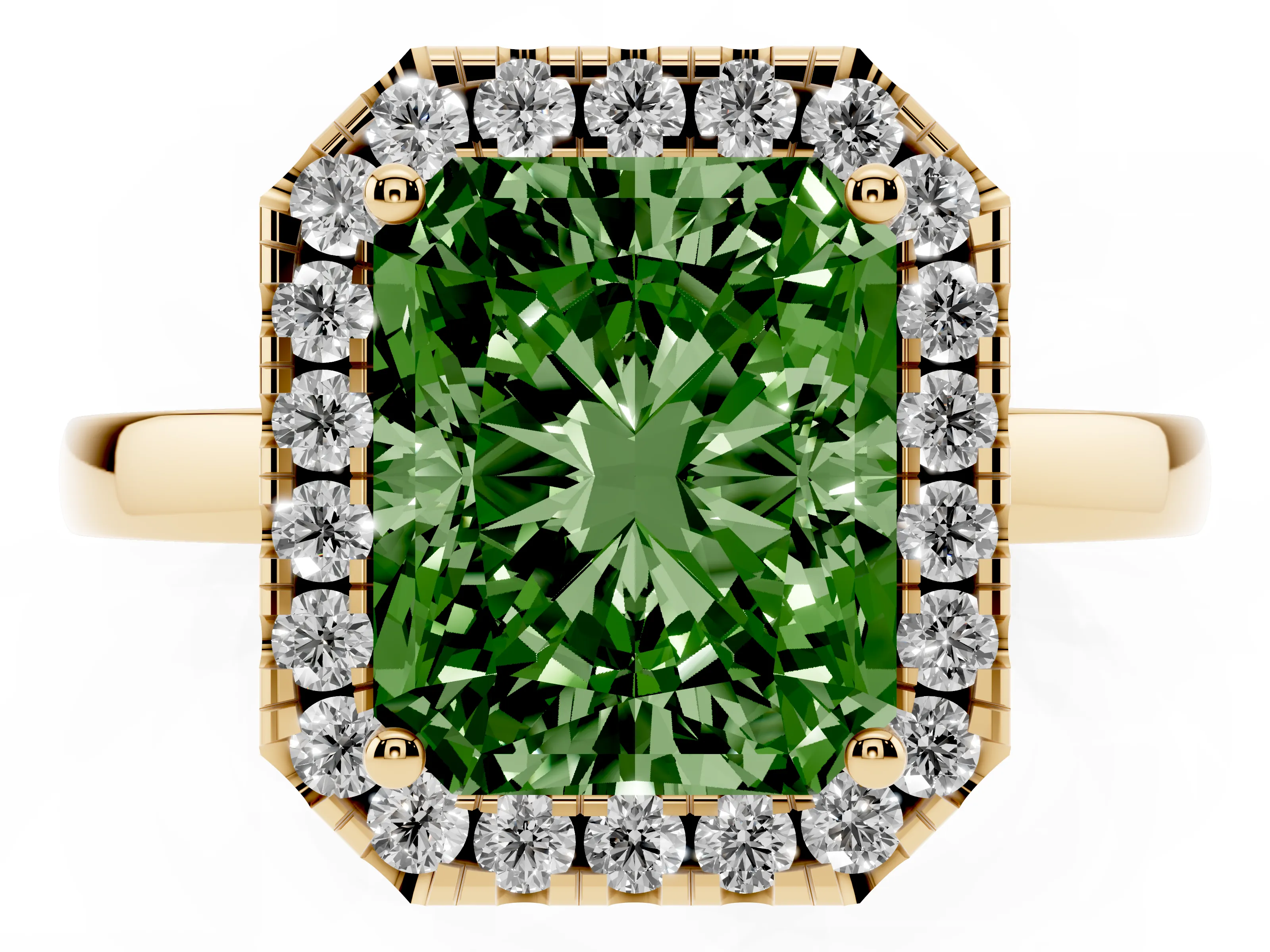 Fancy Green Radiant Cut Diamond Halo Solitaire Ring Set in Yellow gold with Pavé Band and Prong Setting