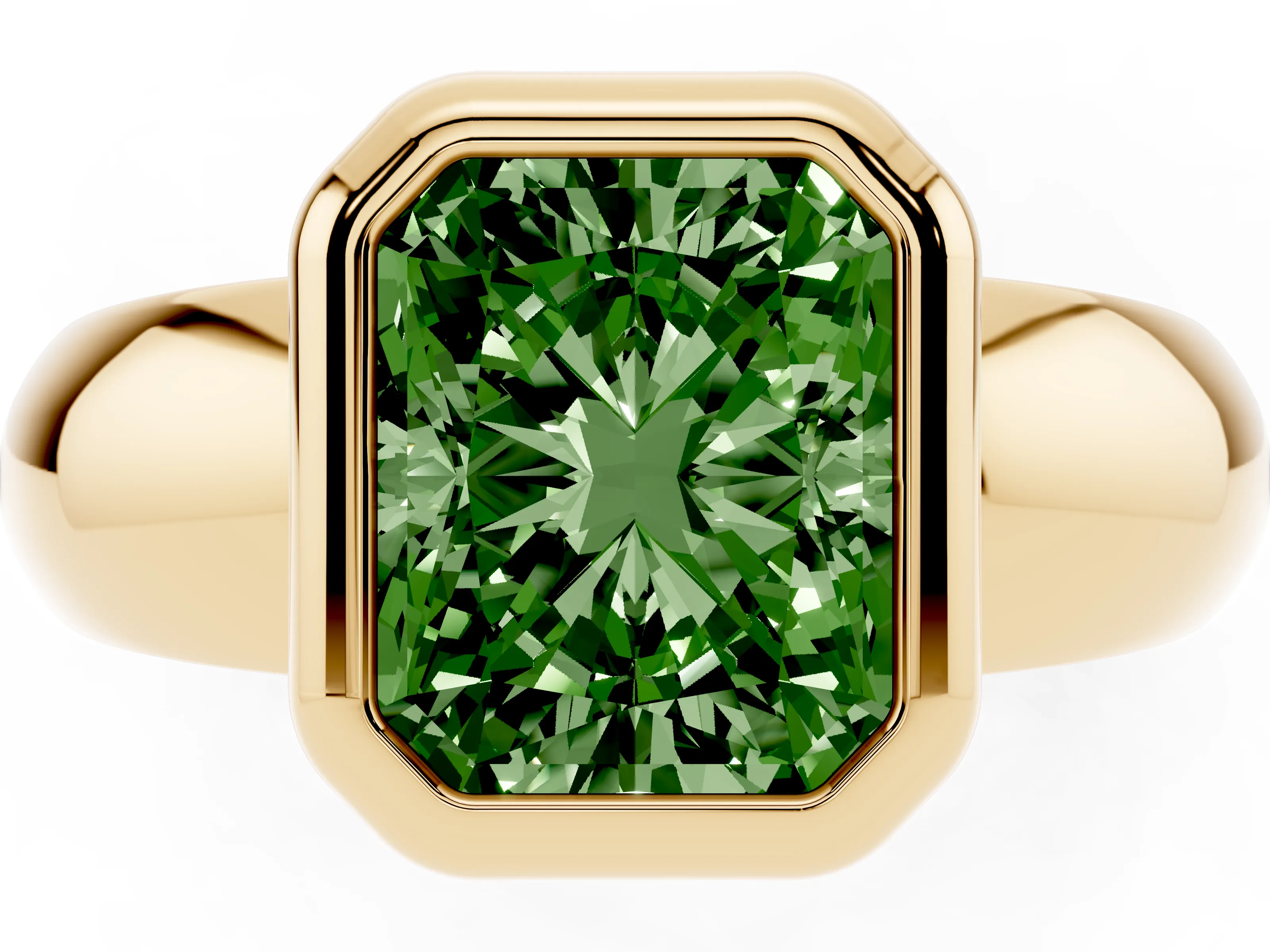Fancy Green Bezel Set Radiant Cut Diamond Solitaire Ring Set in Yellow gold with Wide Band