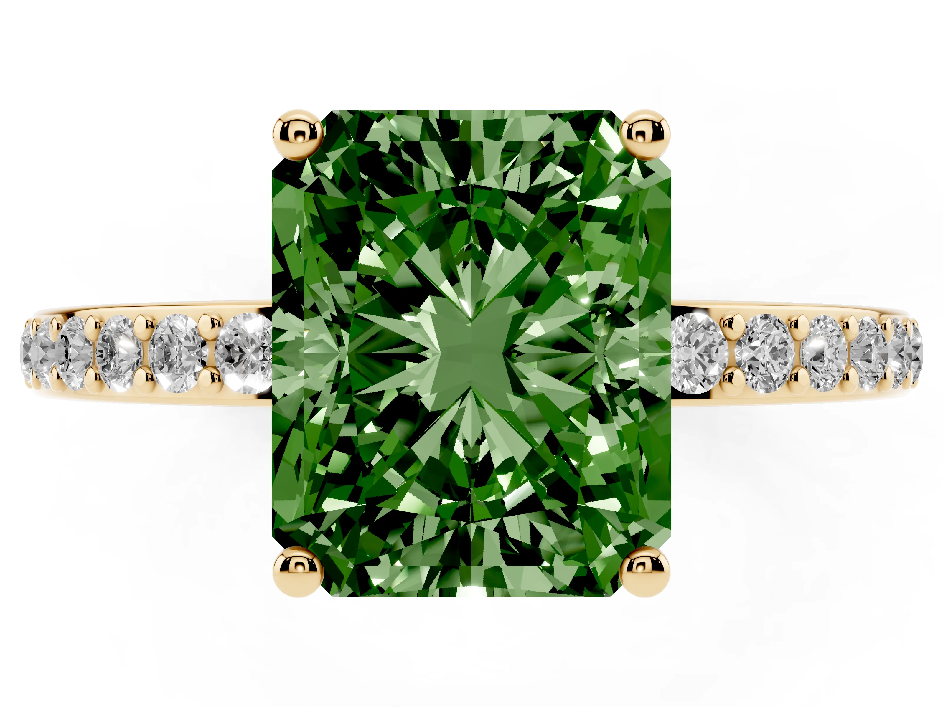 Fancy Green Radiant Cut Diamond Pavé Band Ring Set in Yellow gold with Prong-Set Center Stone