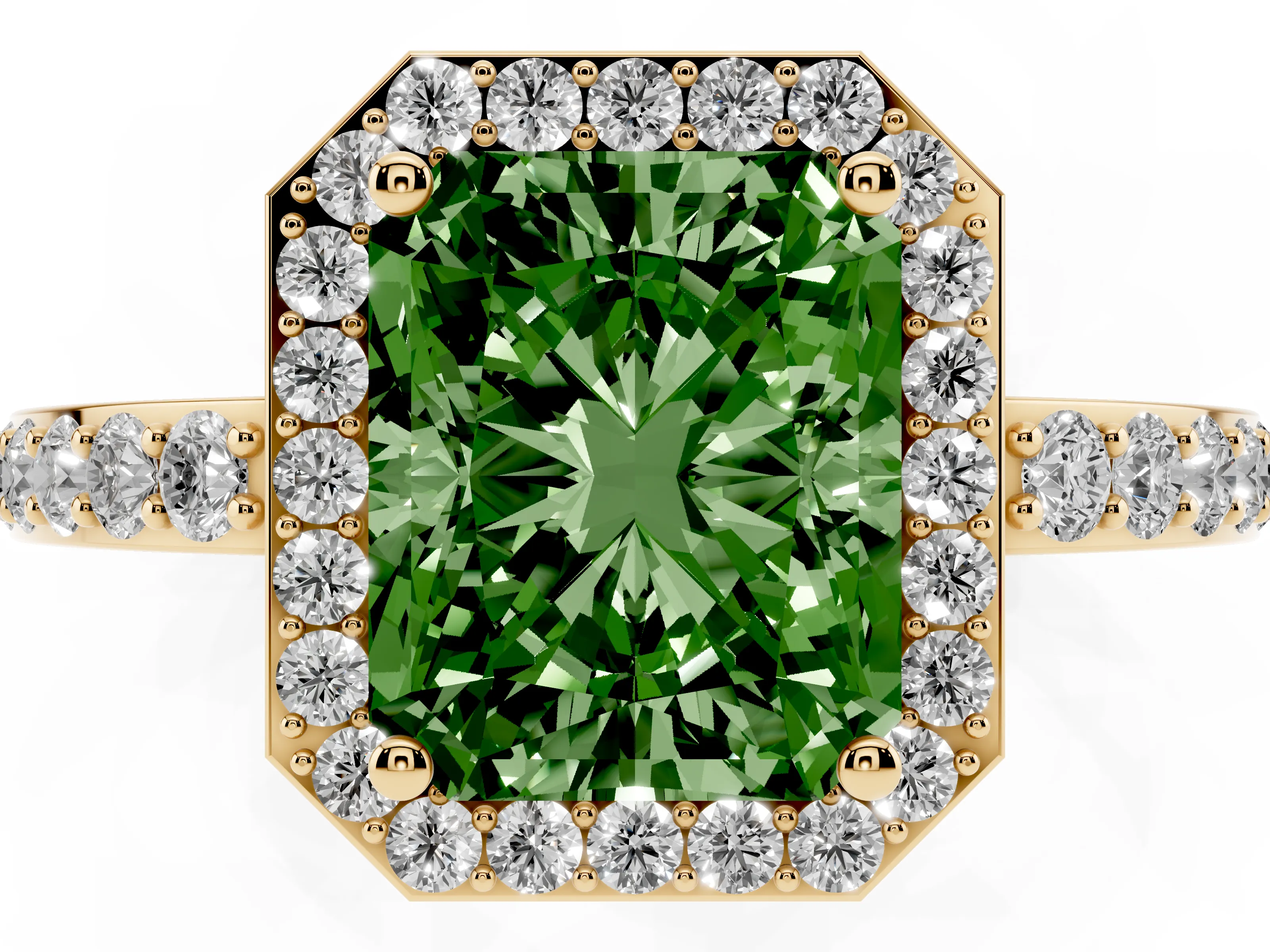 Fancy Green Radiant Cut Diamond Halo Ring Set in Yellow gold with Pavé-Setting Band and Open Prong Center