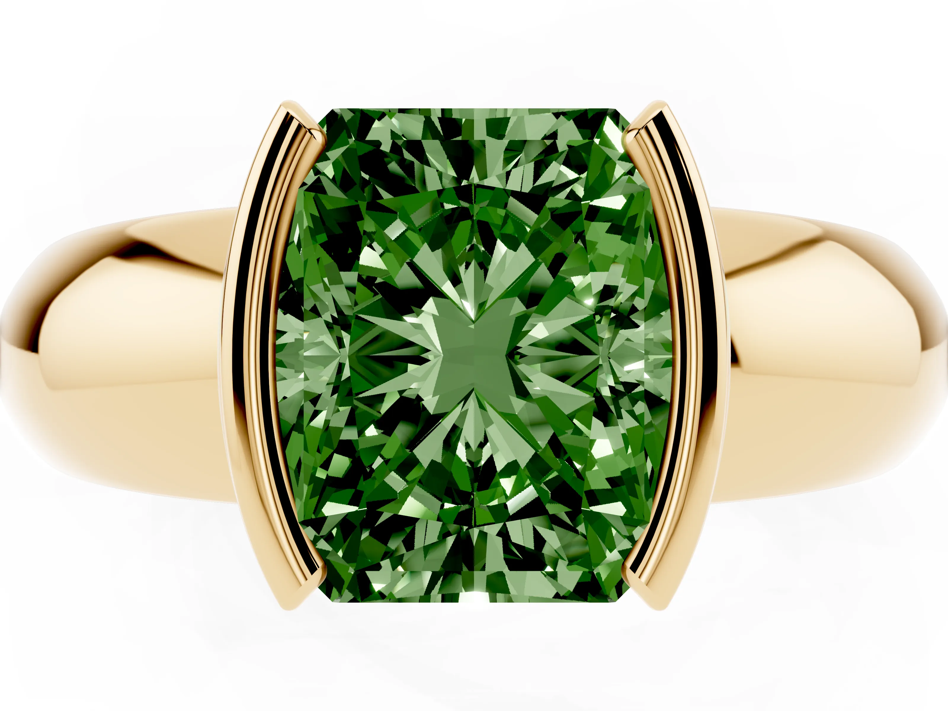 Fancy Green Radiant Cut Diamond Solitaire Tension Set Ring Set in Yellow gold with Wide Band