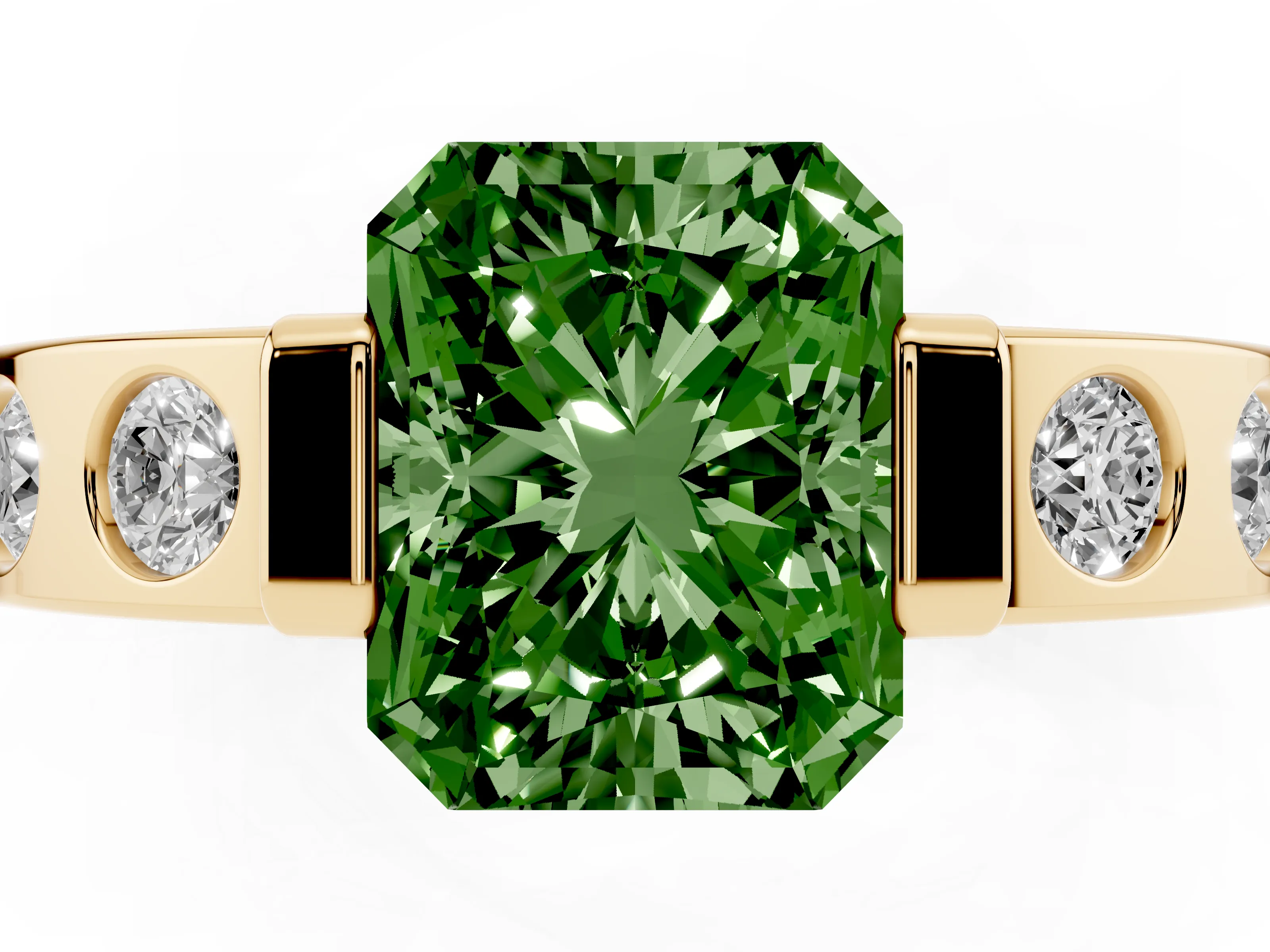 Fancy Green Radiant Cut Diamond Channel-Set Band Ring Set in Yellow gold with Bezel Prong Setting