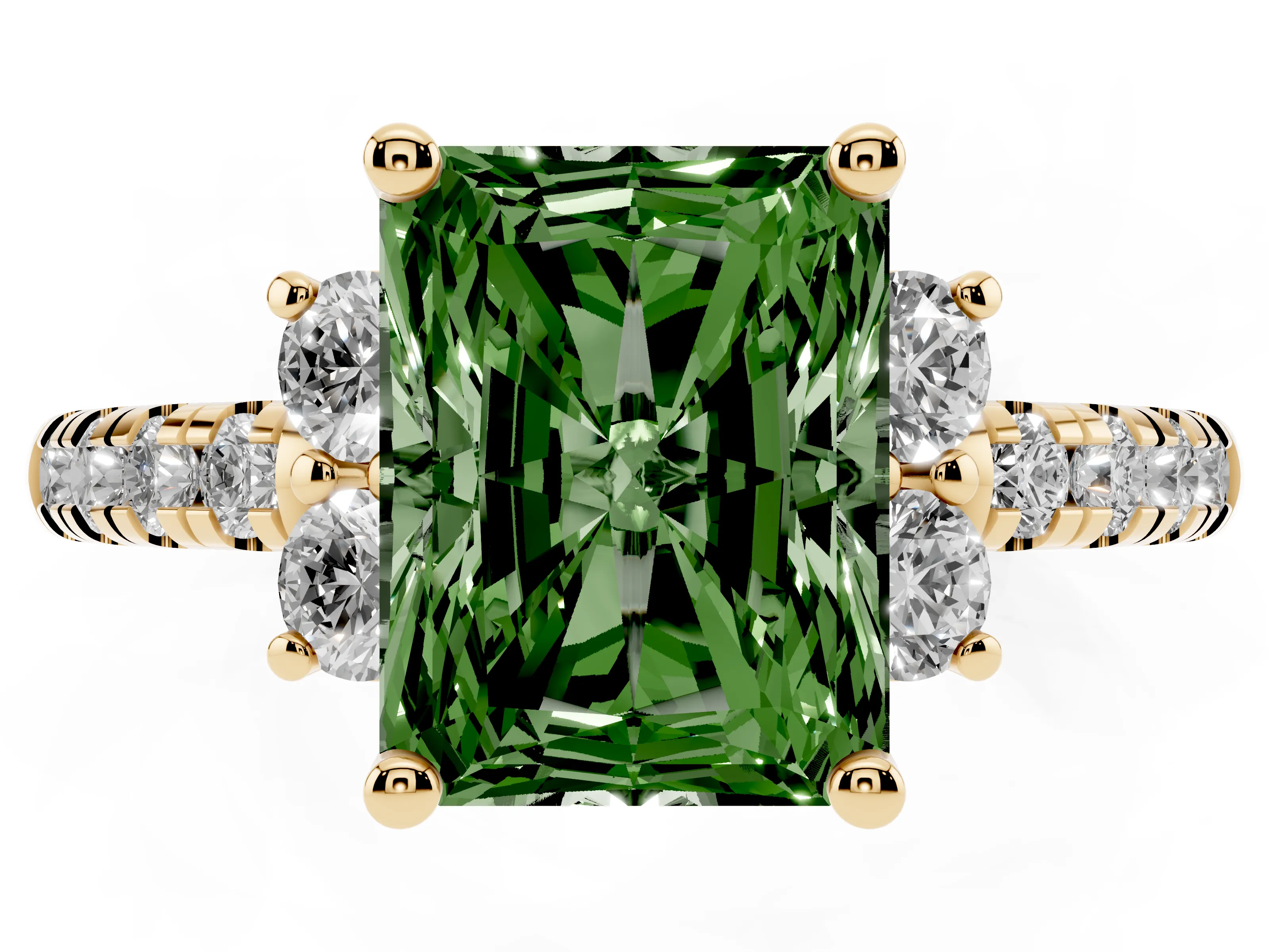 Fancy Green Radiant Cut Diamond Three-Stone Pavé Ring Set in Yellow gold with Prong Setting