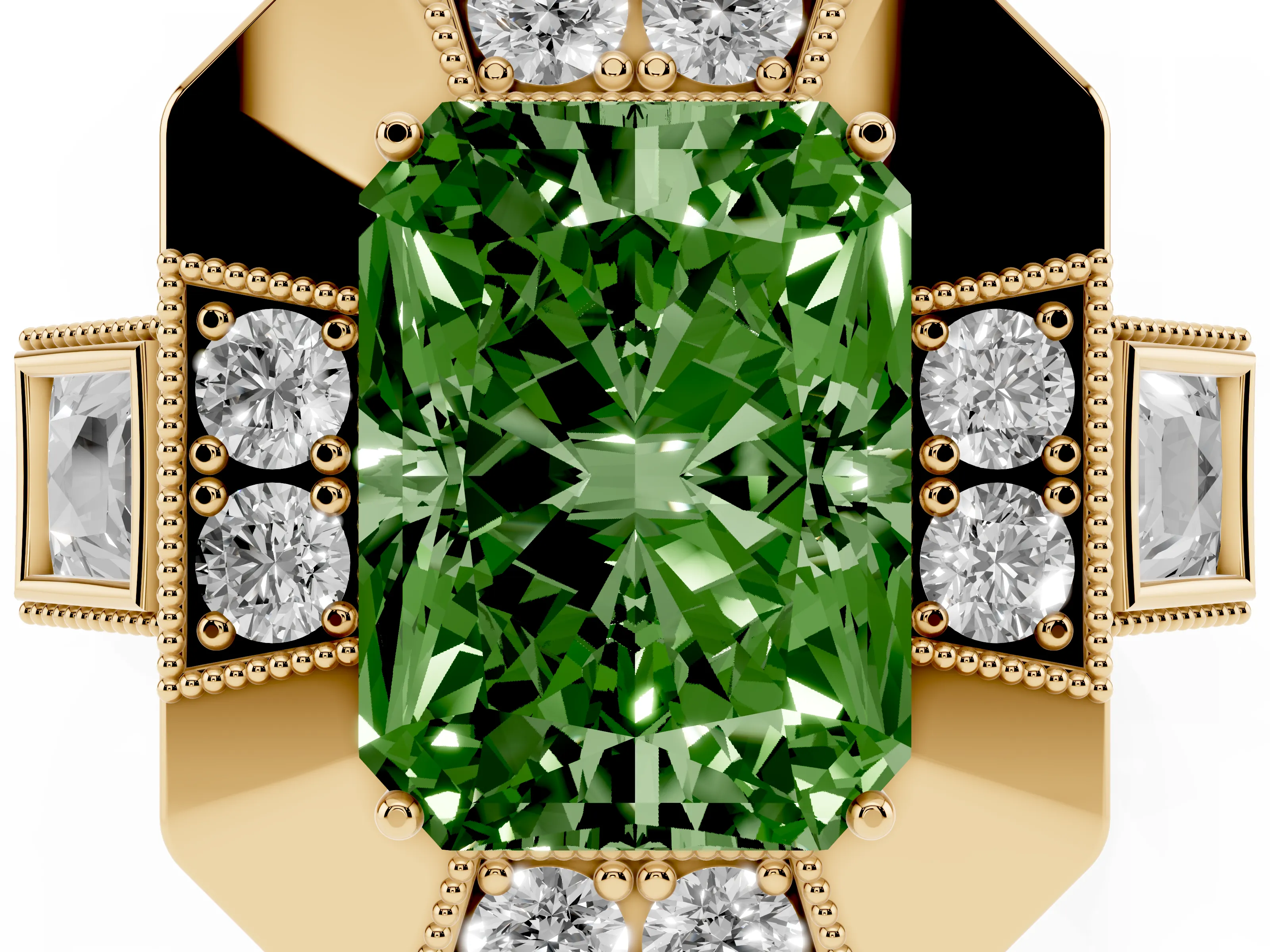 Fancy Green Radiant Cut Diamond Milgrain Halo Ring Set in Yellow gold with Split Shank