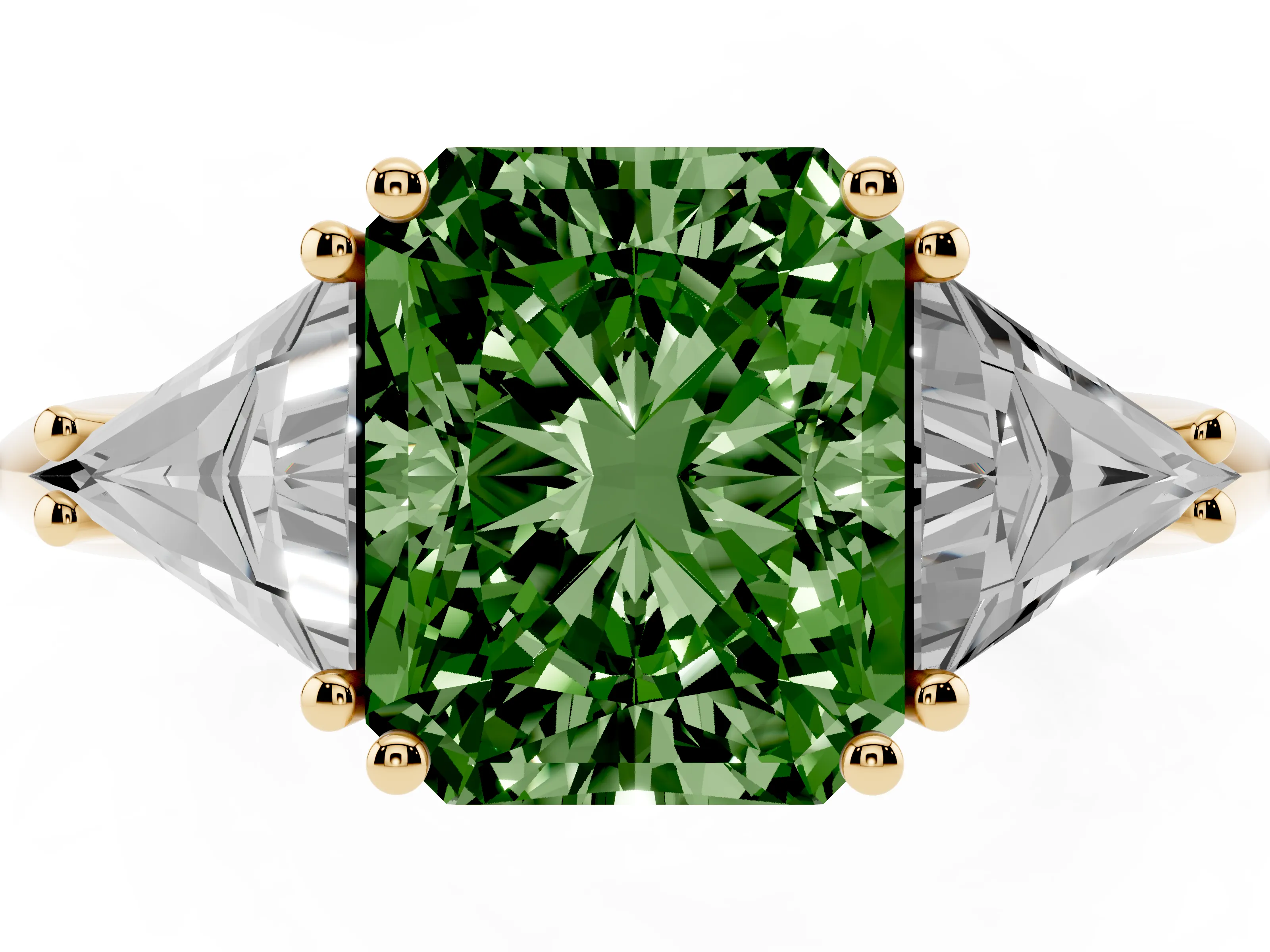 Fancy Green Radiant Cut Diamond Three-Stone Engagement Ring Set in Yellow gold with Trillion Side Stones
