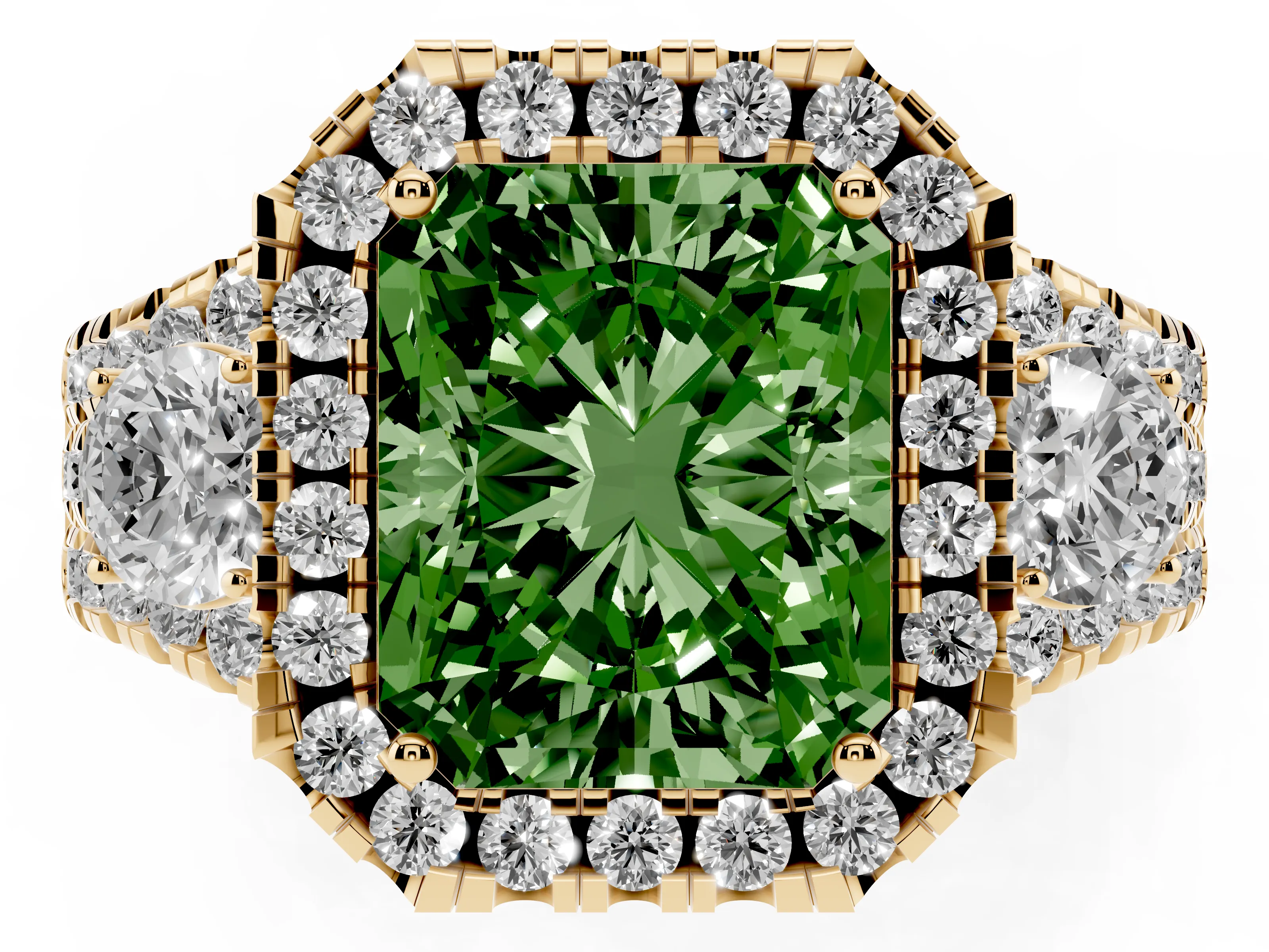 Fancy Green Radiant Cut Diamond Halo Split Shank Ring Set in Yellow gold with Round Accent Stones and Prong Setting