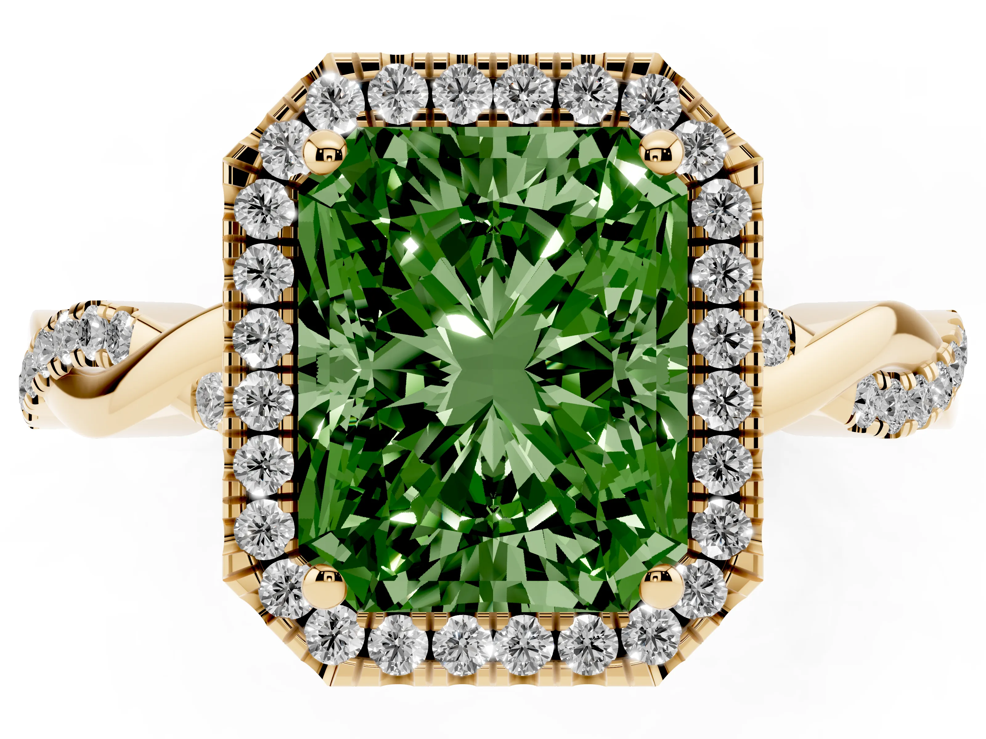 Fancy Green Radiant Cut Diamond Halo Twisted Band Ring Set in Yellow gold with Prong Setting