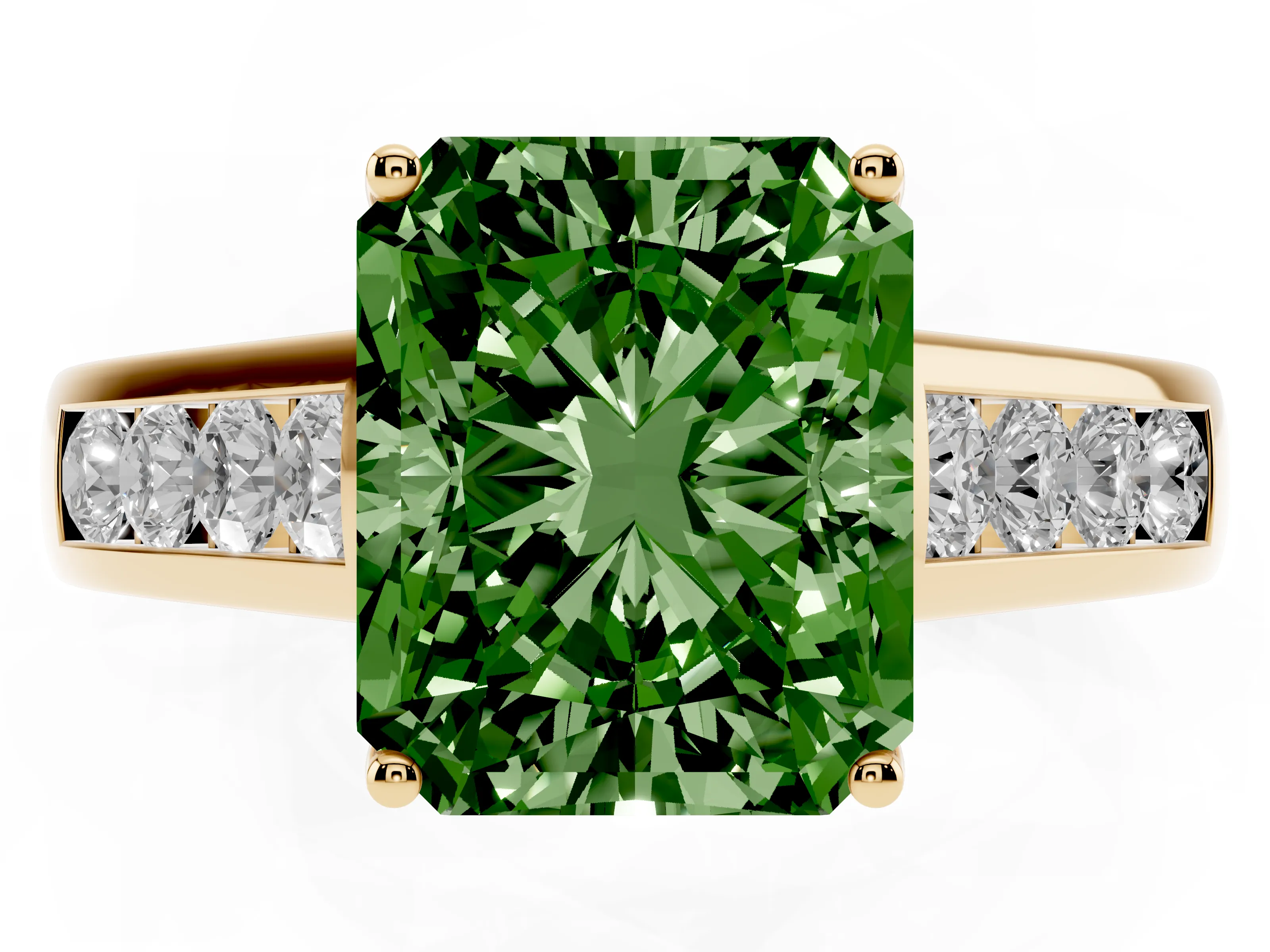 Fancy Green Radiant Cut Diamond Brilliant Channel-Set Solitaire Ring Set in Yellow gold with Prong Setting