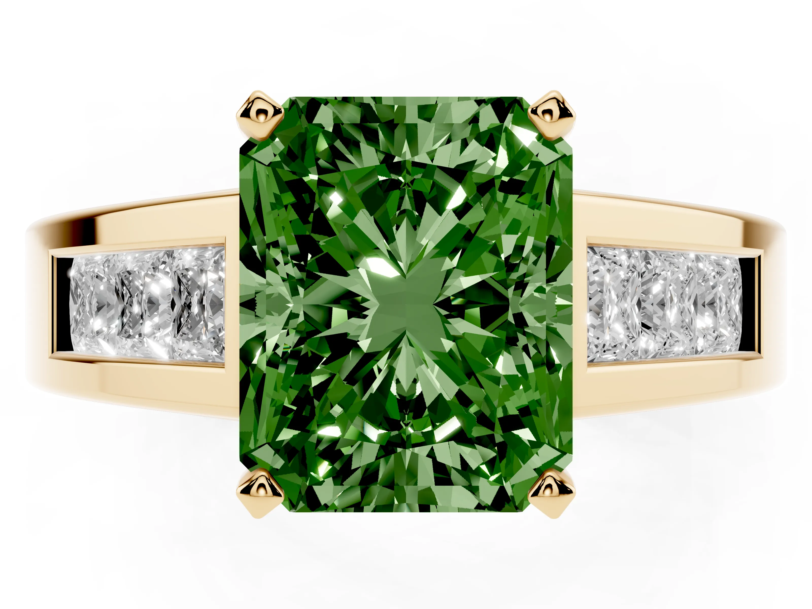 Fancy Green Radiant Cut Diamond Solitaire Ring Set in Yellow gold with Channel-Set Accent Stones and Prong Setting