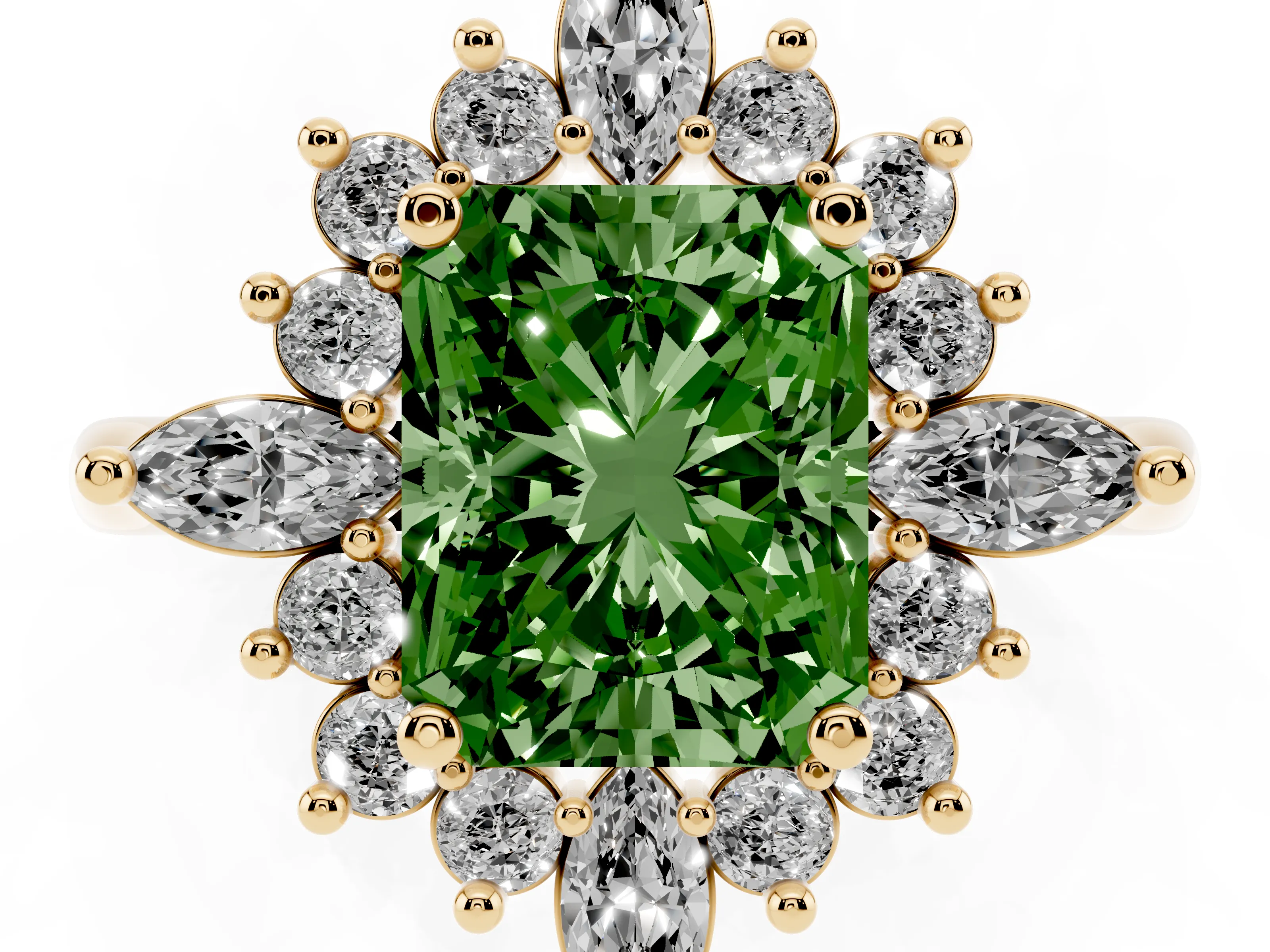 Fancy Green Radiant Cut Diamond Cluster Halo Ring Set in Yellow gold with Marquise and Round Accents