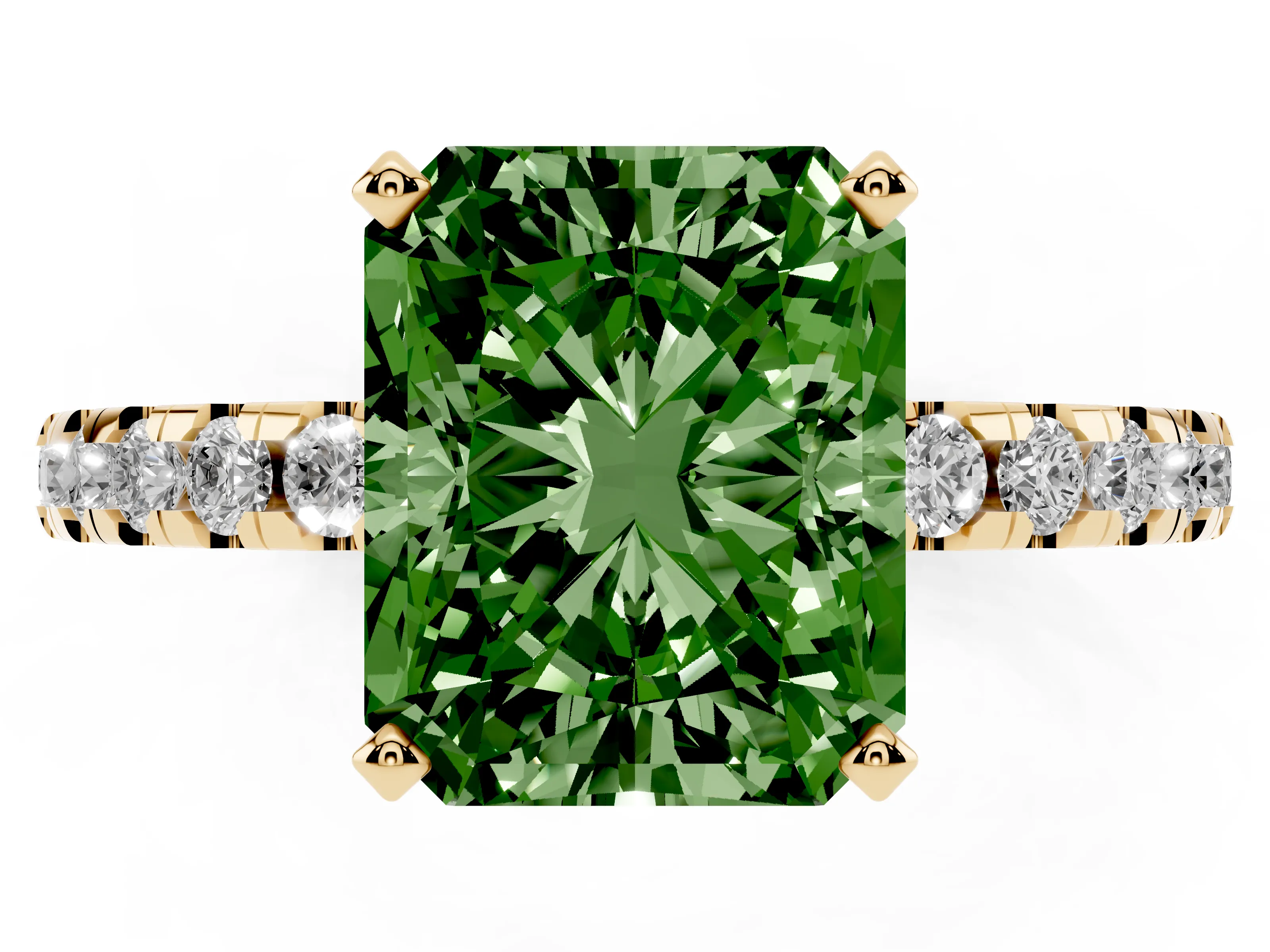 Fancy Green Radiant Cut Diamond Pavé Solitaire Ring Set in Yellow gold with Round Band Accents and Prong Setting
