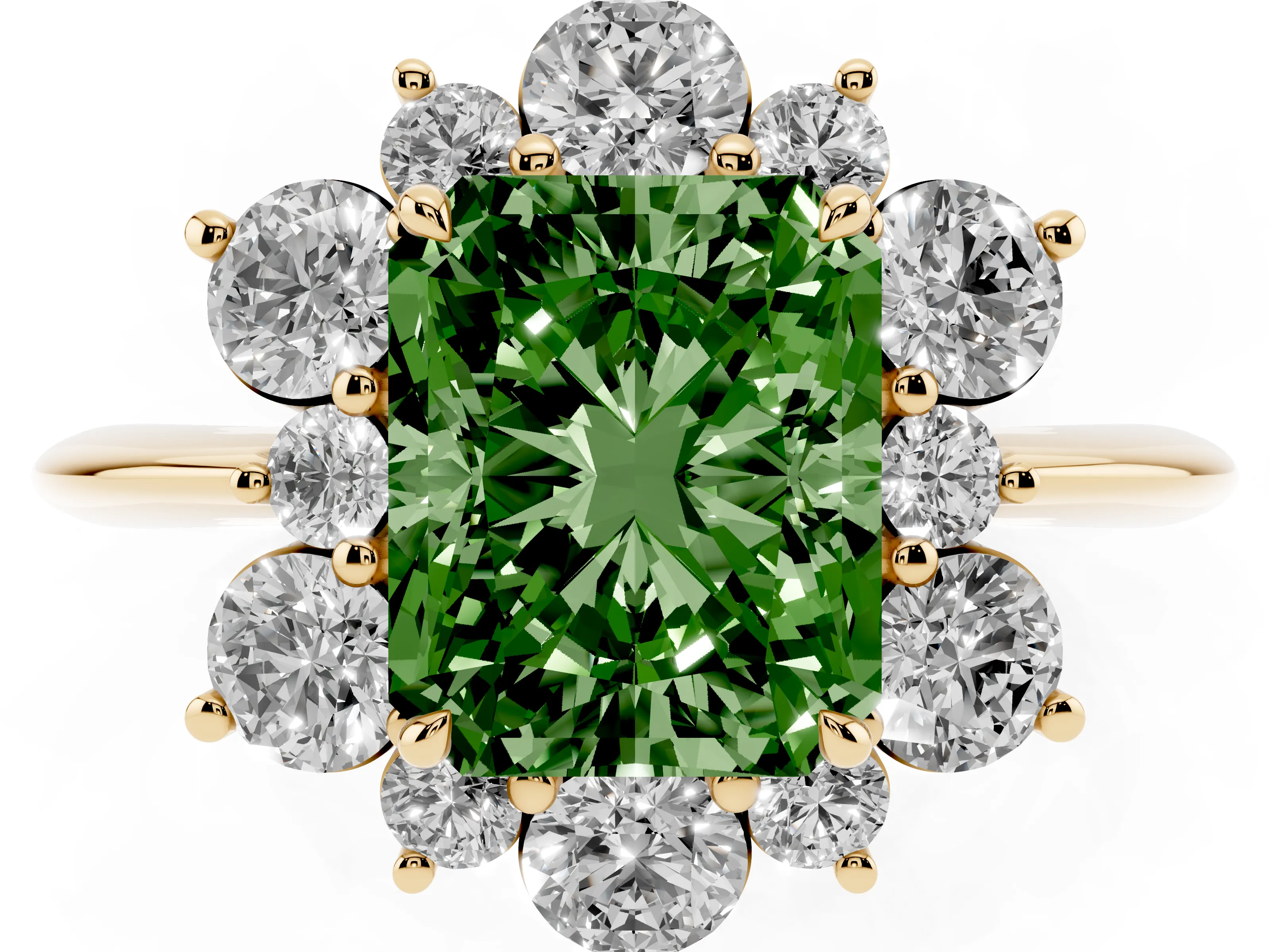 Fancy Green Radiant Cut Diamond Cluster Halo Ring Set in Yellow gold with Solitaire Band and Prong Setting