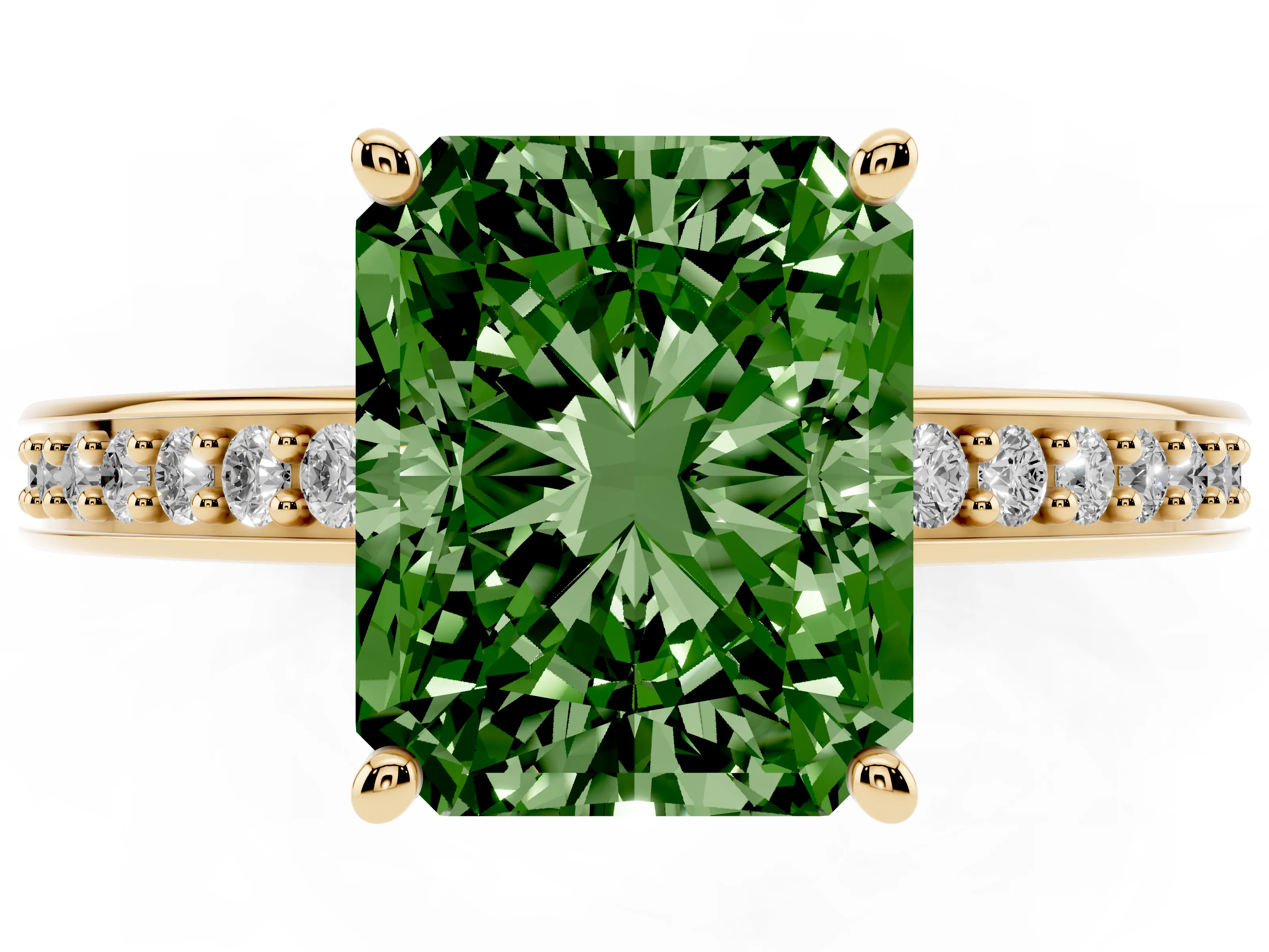 Fancy Green Radiant Cut Diamond Pavé Band Prong Set Solitaire Ring Set in Yellow gold