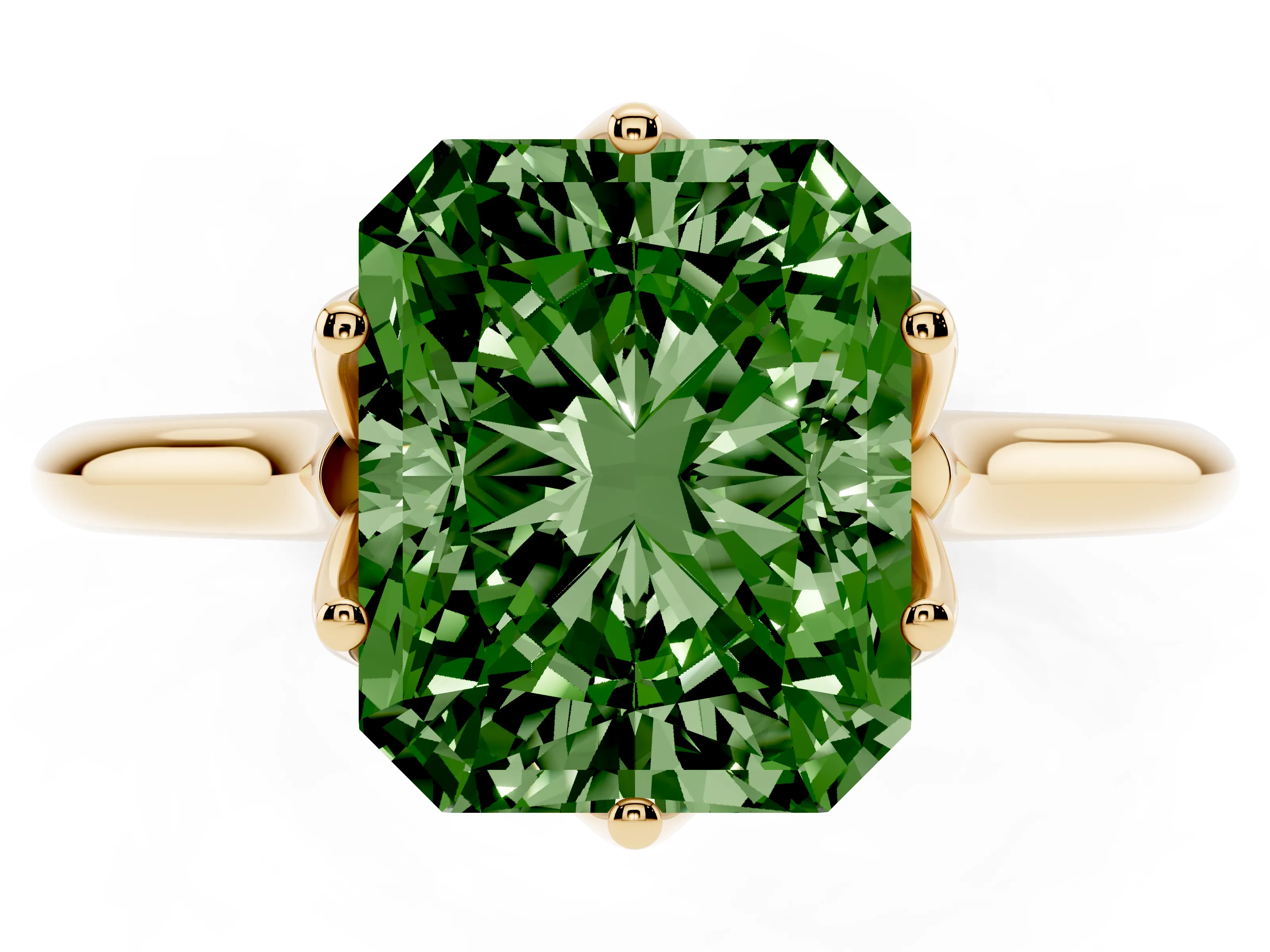 Fancy Green Radiant Cut Diamond Solitaire Cathedral Ring Set in Yellow gold with Prong Setting