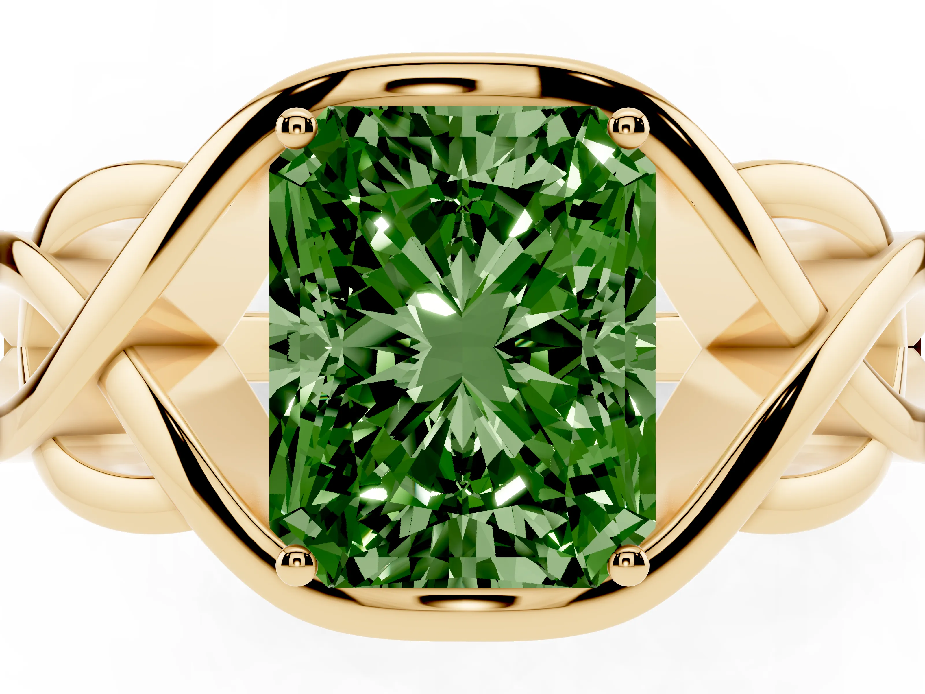 Fancy Green Radiant Cut Diamond Solitaire Ring Set in Yellow gold with Intertwined Band
