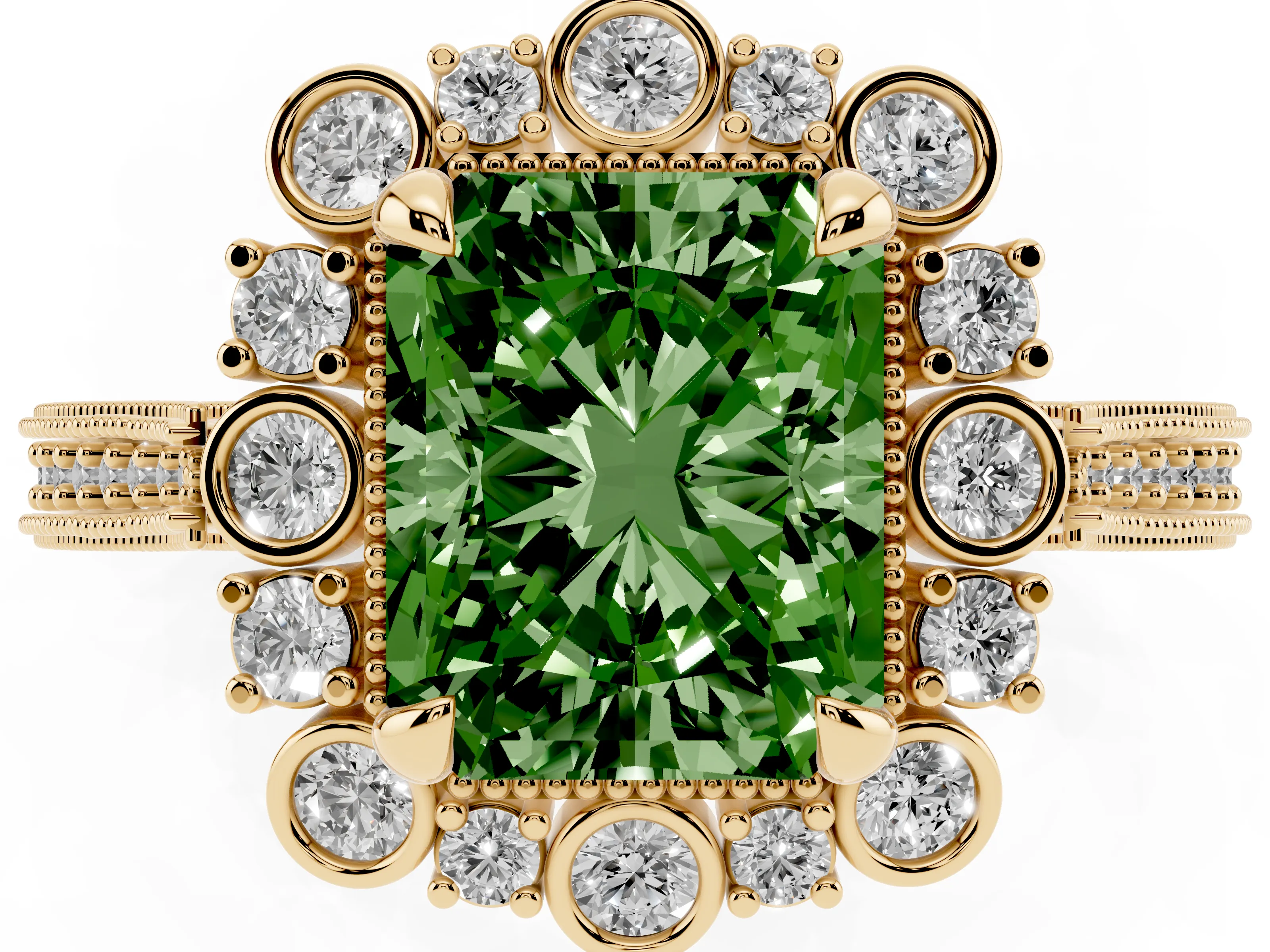 Fancy Green Radiant Cut Diamond Halo Milgrain Pavé Ring Set in Yellow gold with Prong Setting