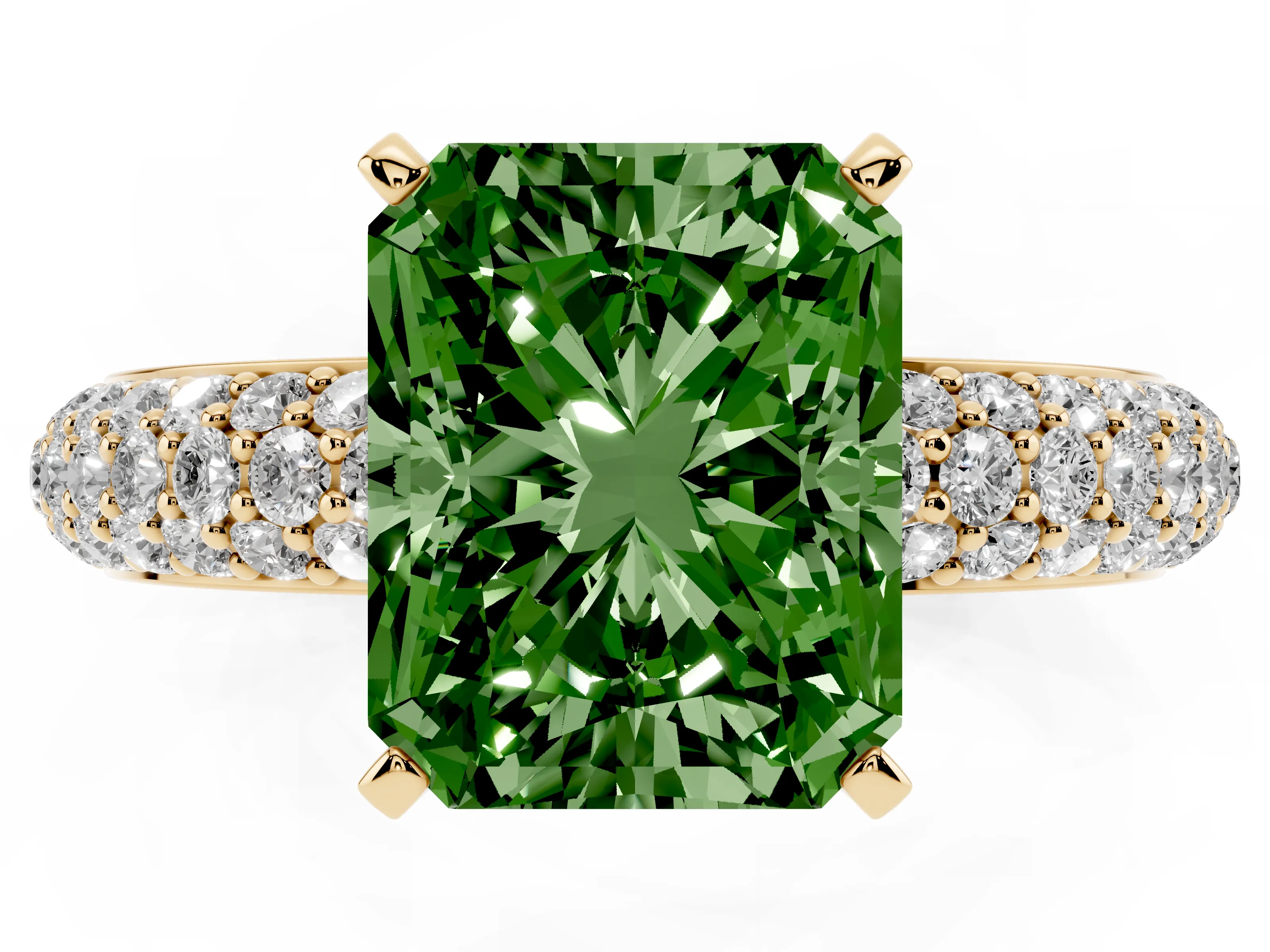Fancy Green Radiant Cut Diamond Solitaire Ring Set in Yellow gold with Prong Setting and Pavé-Set Band