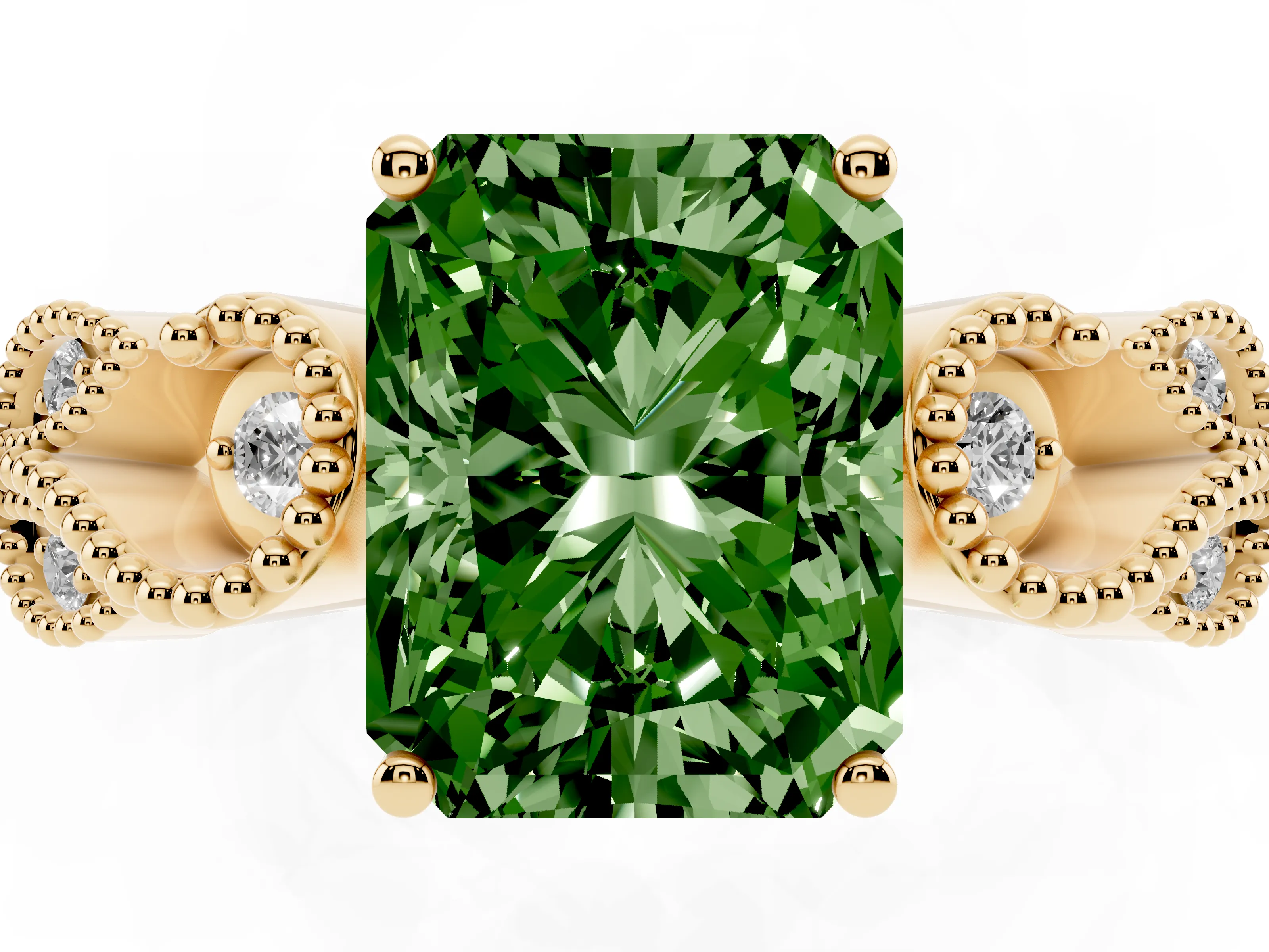 Fancy Green Radiant Cut Diamond Milgrain Leaf Band Solitaire Ring Set in Yellow gold with Accent Stones and Prong Setting