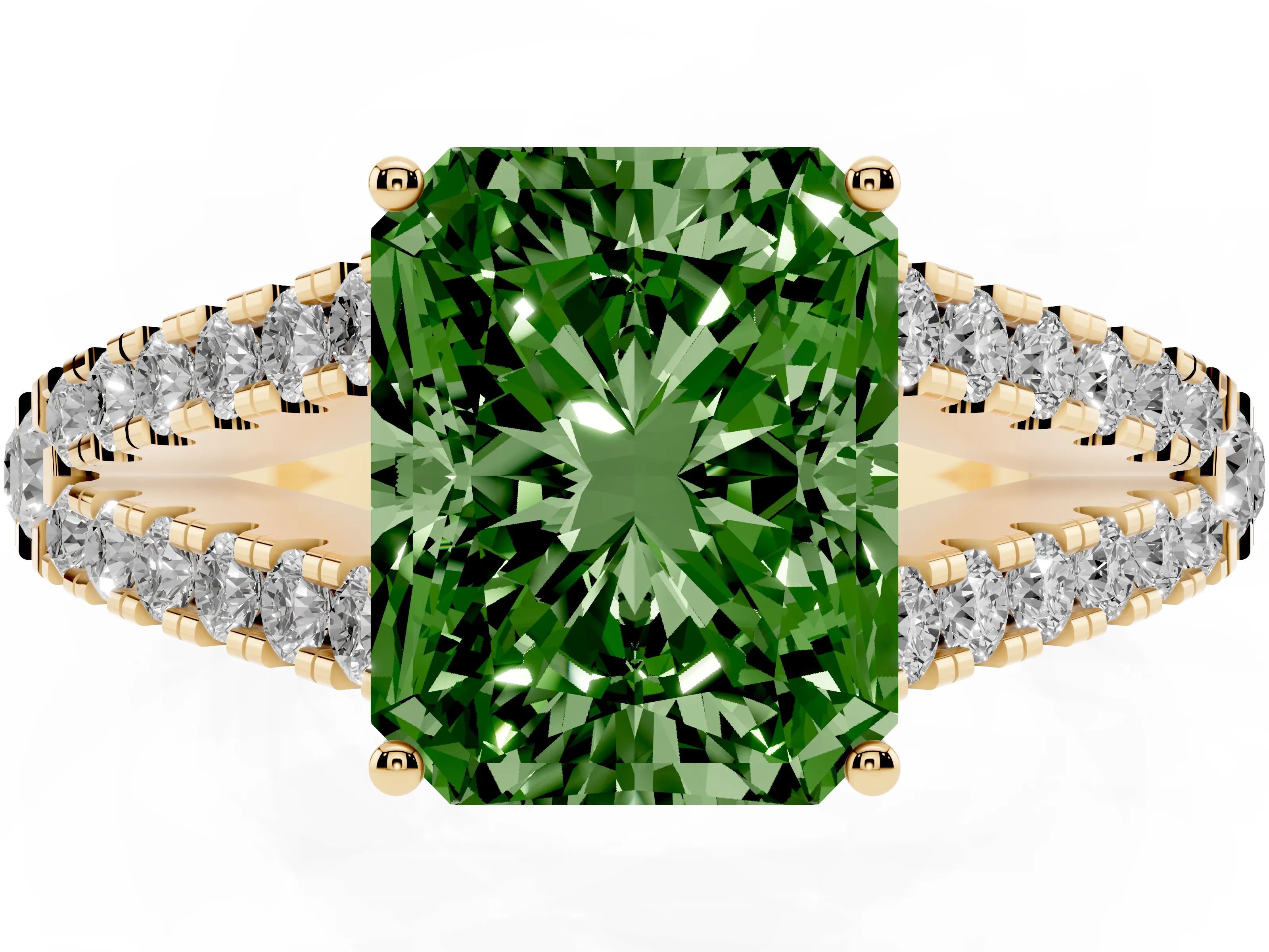 Fancy Green Radiant Cut Diamond Split Shank Pavé Engagement Ring Set in Yellow gold with Prong-Held Center Stone