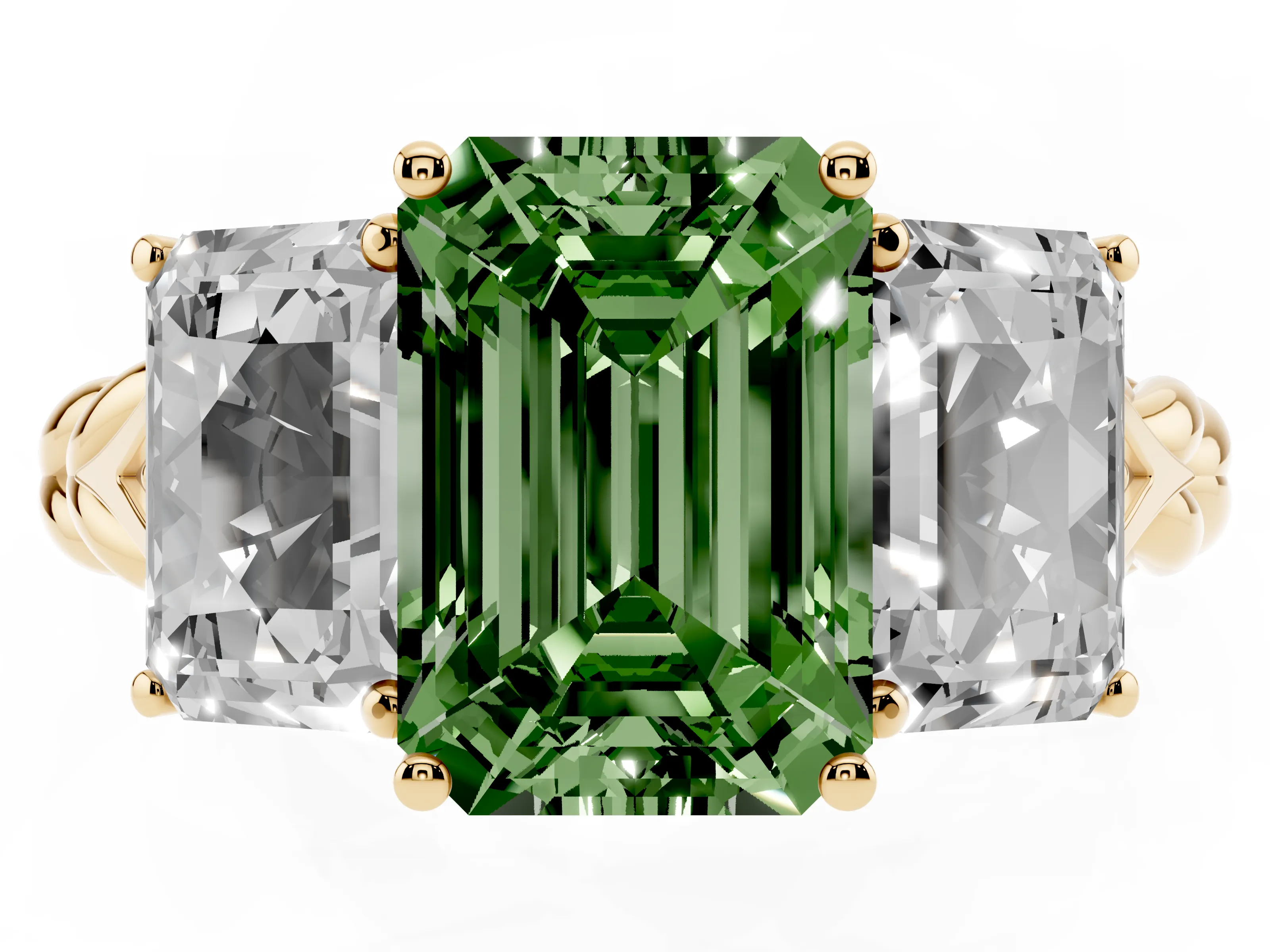 Fancy Green Radiant Cut Diamond Three-Stone Ring Set in Yellow gold with Braided Band