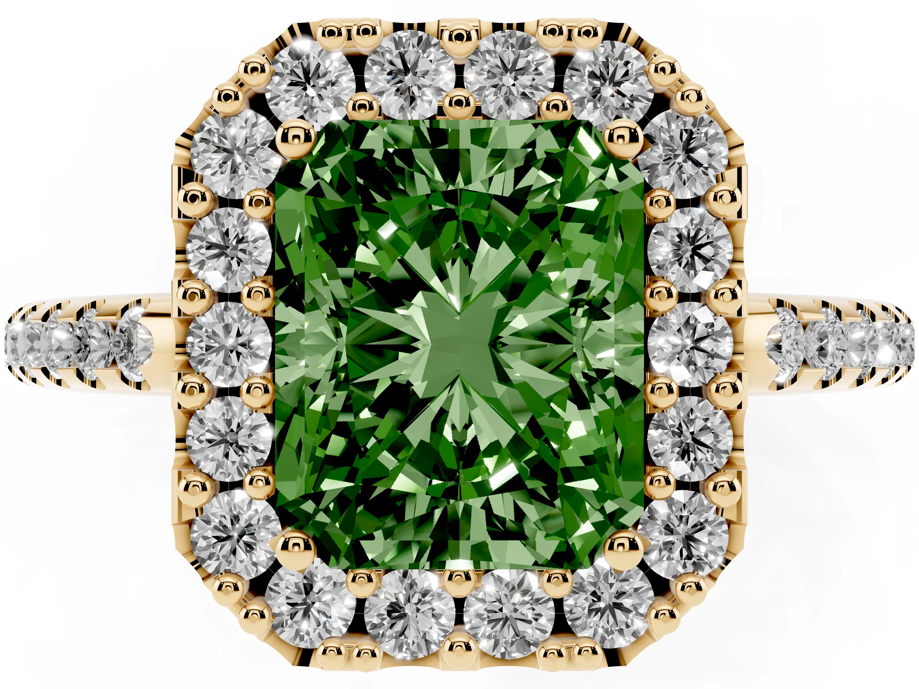 Fancy Green Radiant Cut Diamond Pavé Halo Ring Set in Yellow gold with Prong Setting