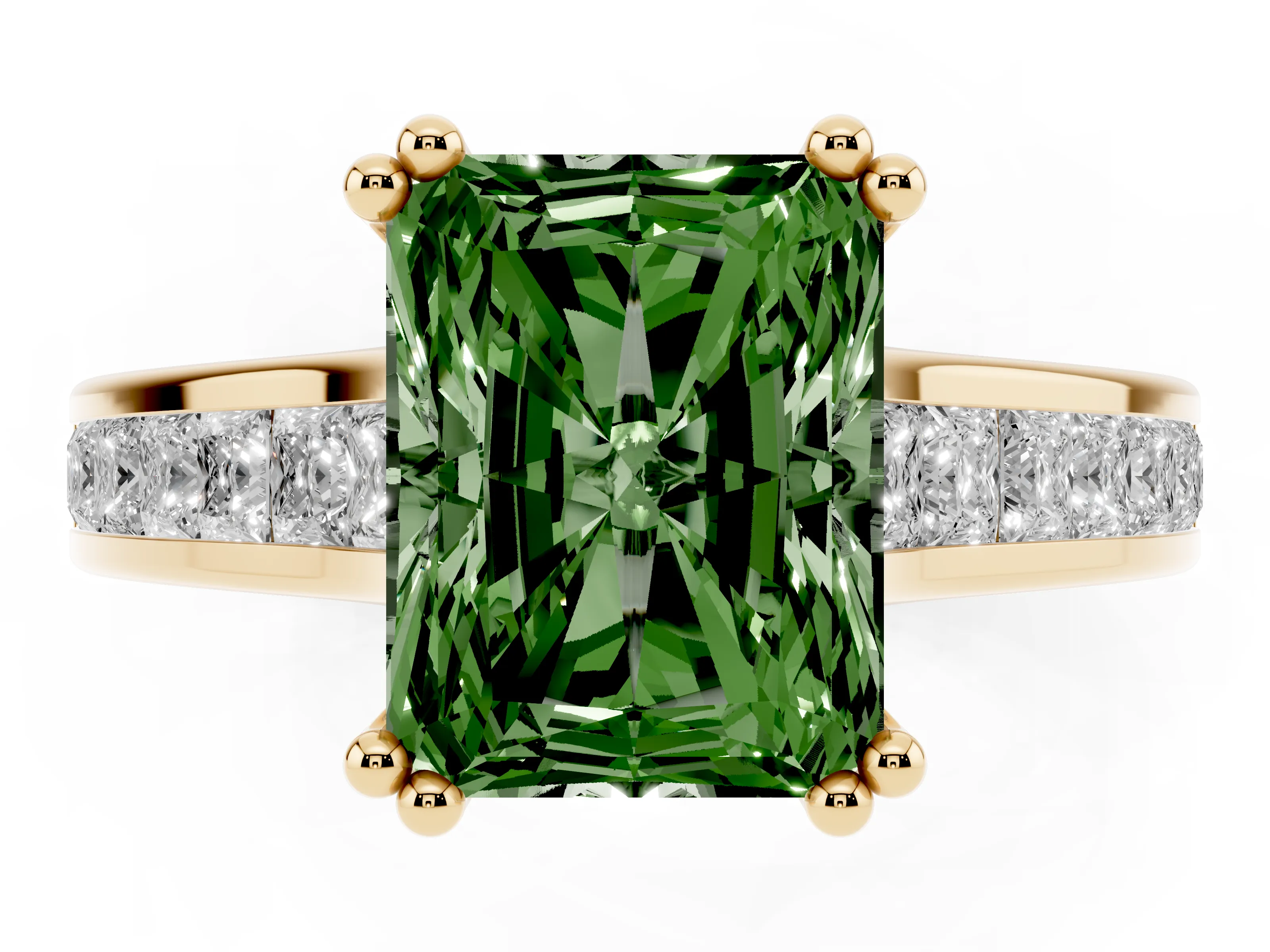 Fancy Green Radiant Cut Diamond Channel Set Solitaire Engagement Ring Set in Yellow gold with Prong Setting