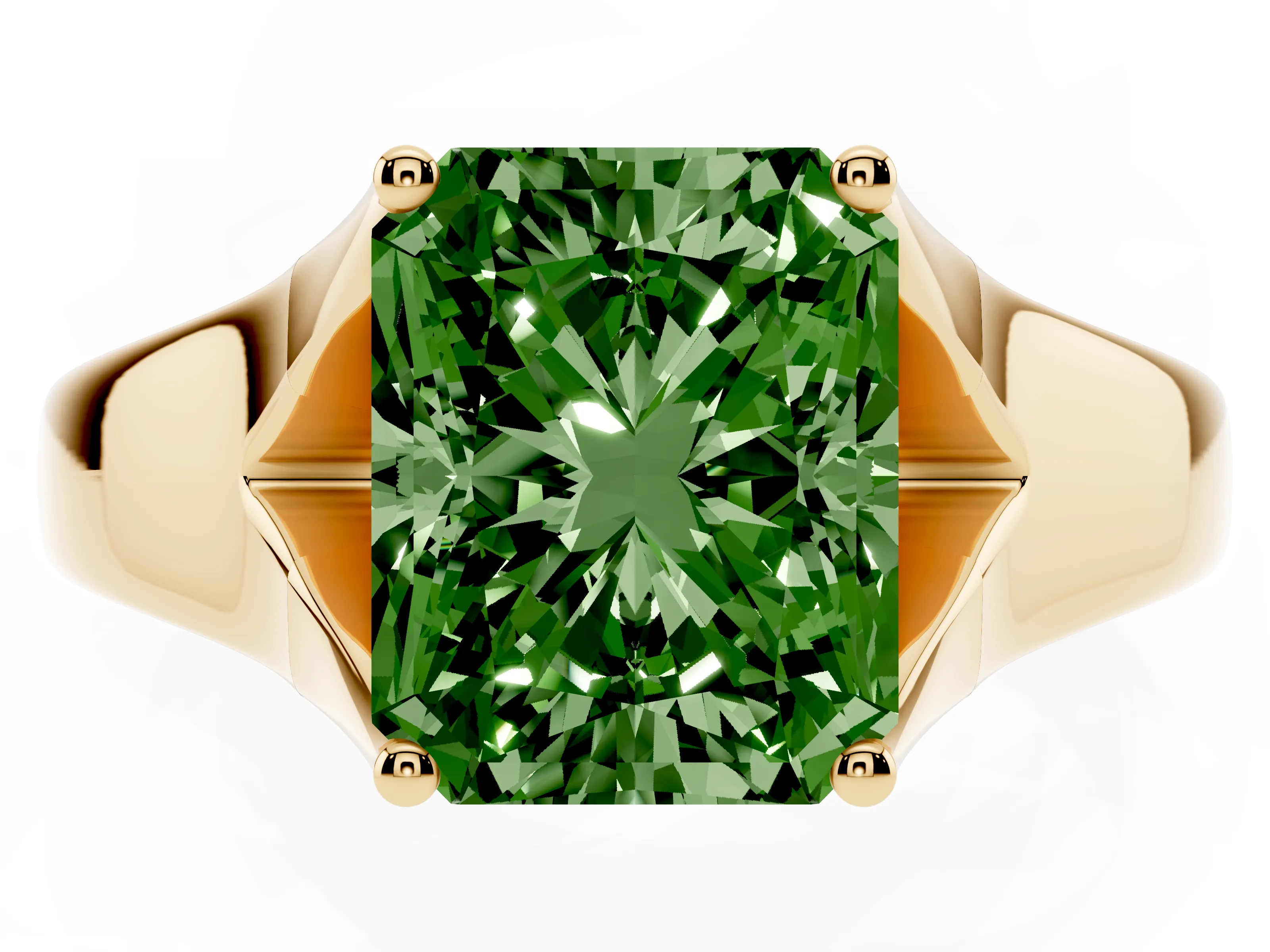 Fancy Green Radiant Cut Diamond Solitaire Ring Set in Yellow gold with Arched Cathedral Band and Prong Setting