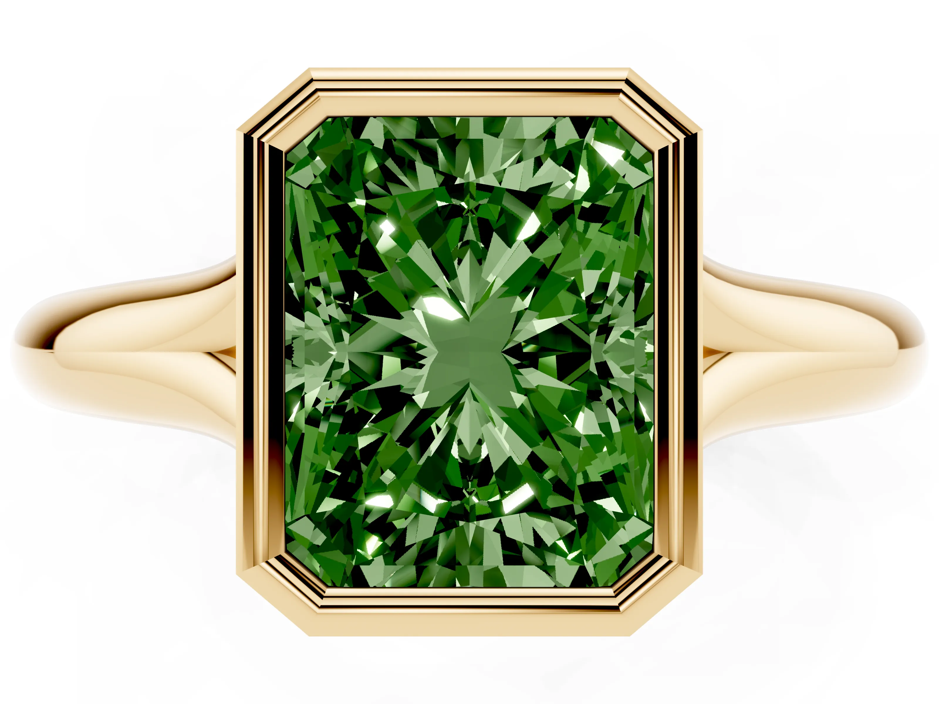 Fancy Green Bezel Set Radiant Cut Diamond Solitaire Ring Set in Yellow gold with Smooth Band