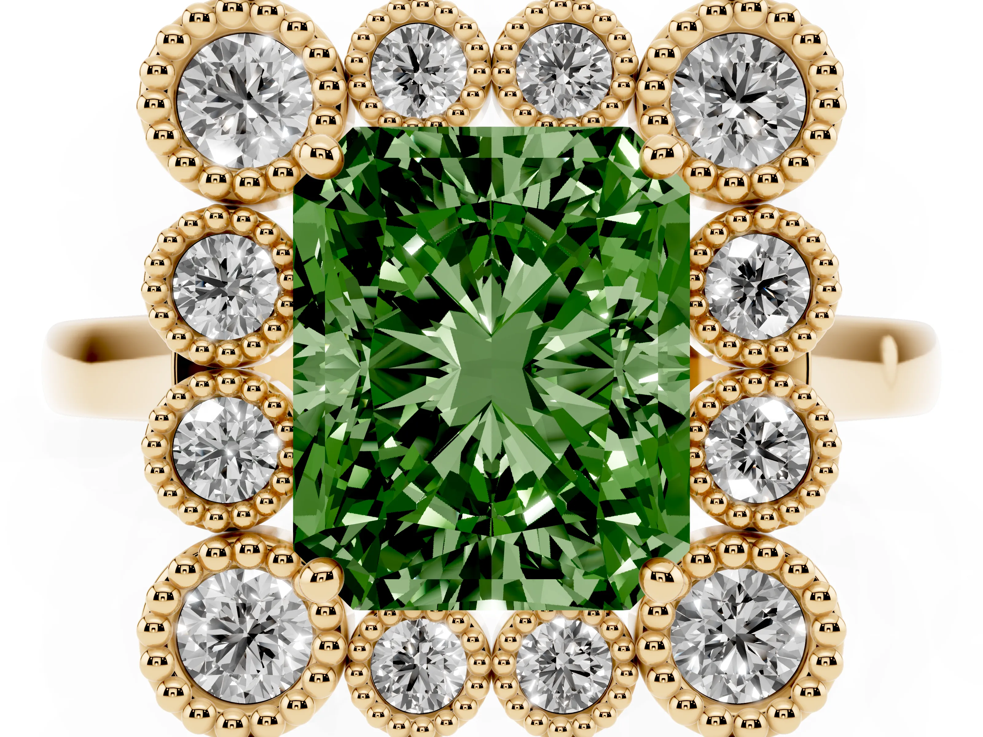 Fancy Green Radiant Cut Diamond Cluster Halo Ring Set in Yellow gold with Milgrain Bezel Accents and Plain Band