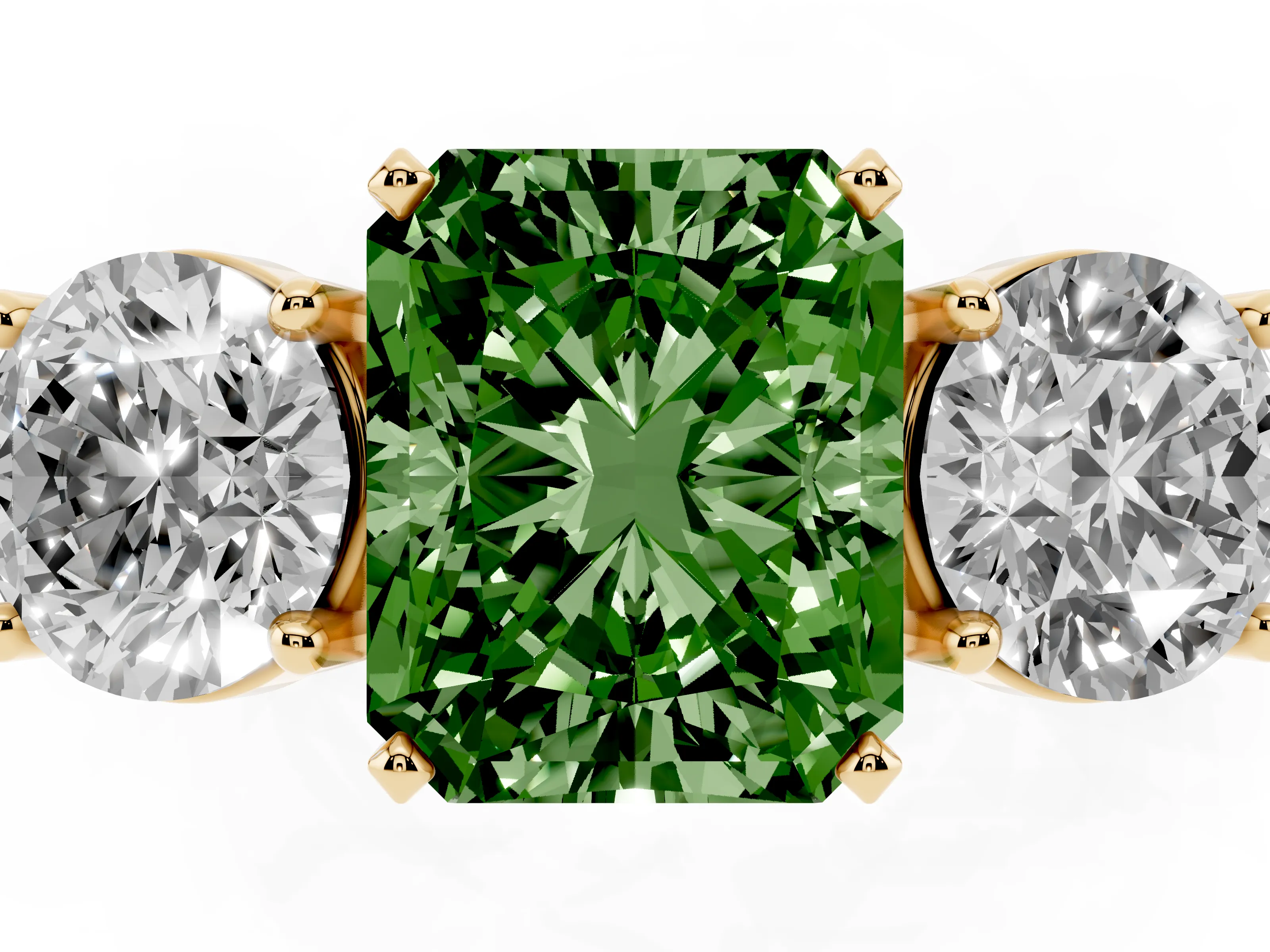 Fancy Green Radiant Cut Diamond Three-Stone Ring Set in Yellow gold with Round Side Stones and Classic Band