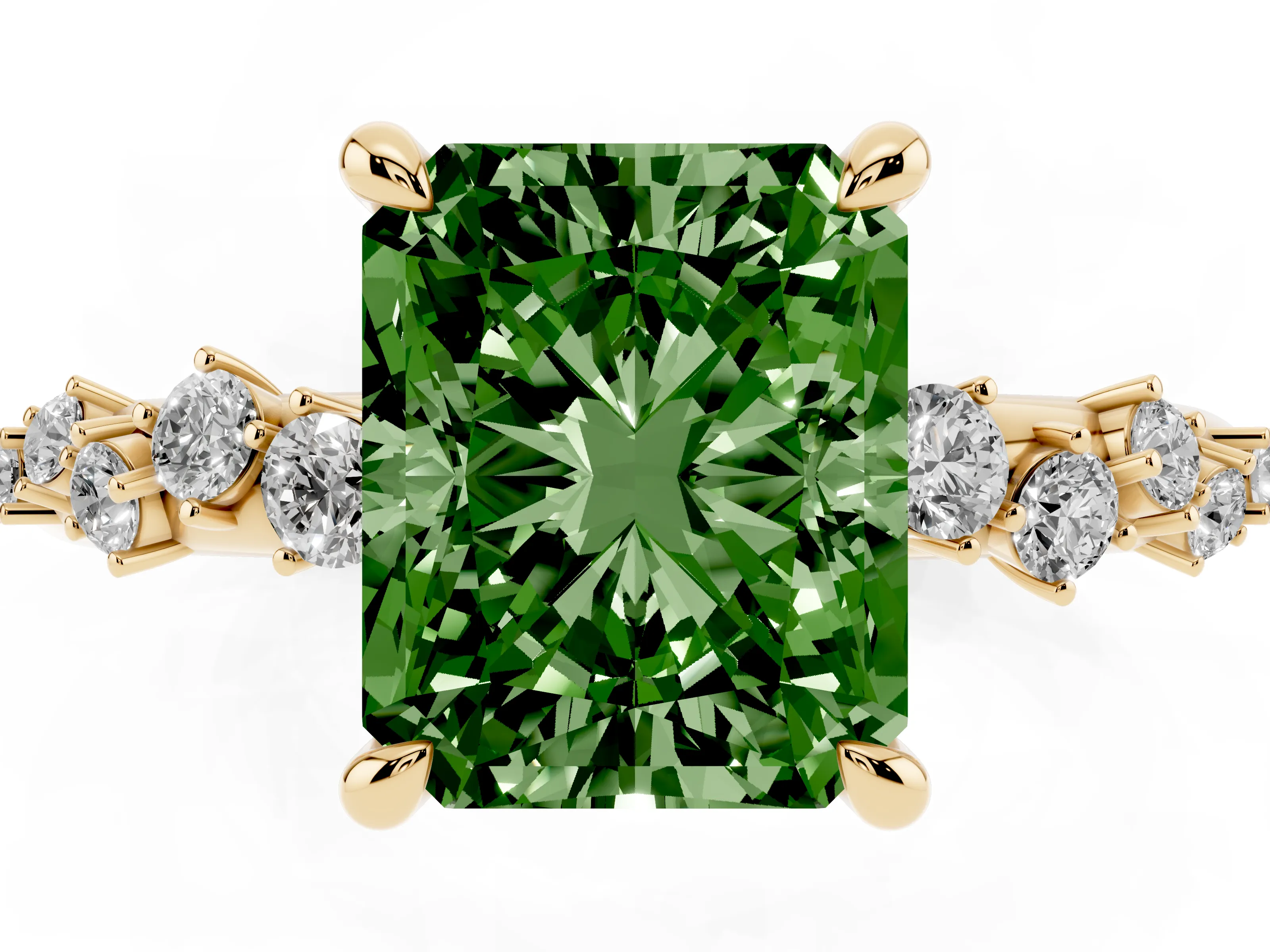 Fancy Green Radiant Cut Diamond Solitaire Vine Band Ring Set in Yellow gold with Round Accents and Prong Setting