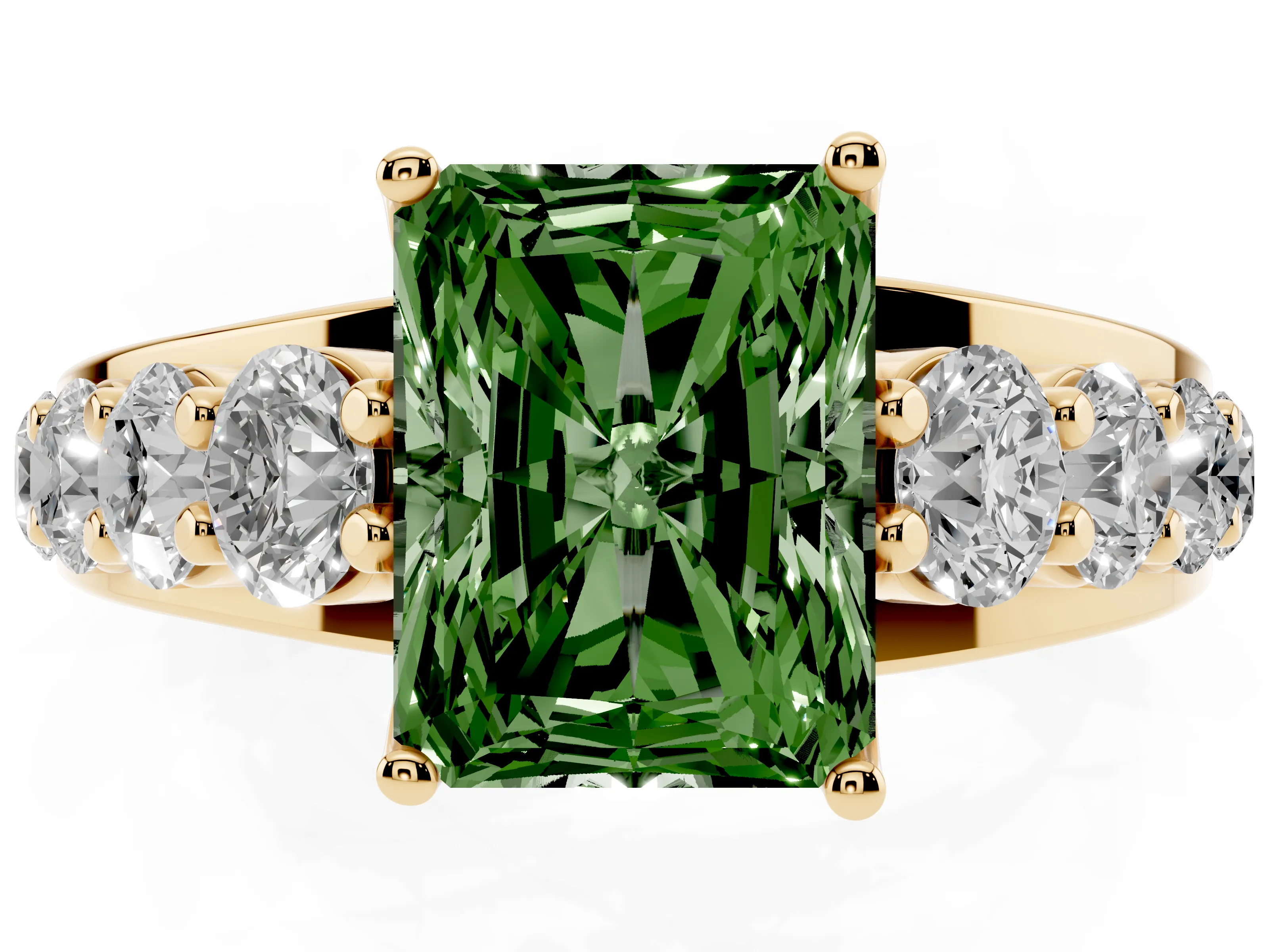 Fancy Green Radiant Cut Diamond Pavé Engagement Ring Set in Yellow gold with Prong Setting