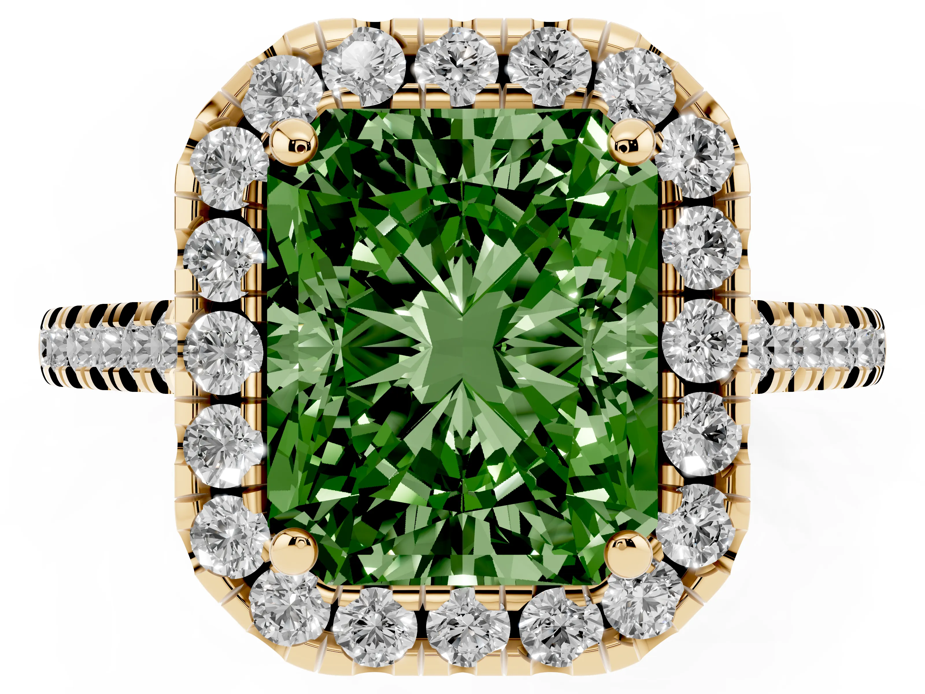 Fancy Green Radiant Cut Diamond Cushion Halo Ring Set in Yellow gold with Pavé Band