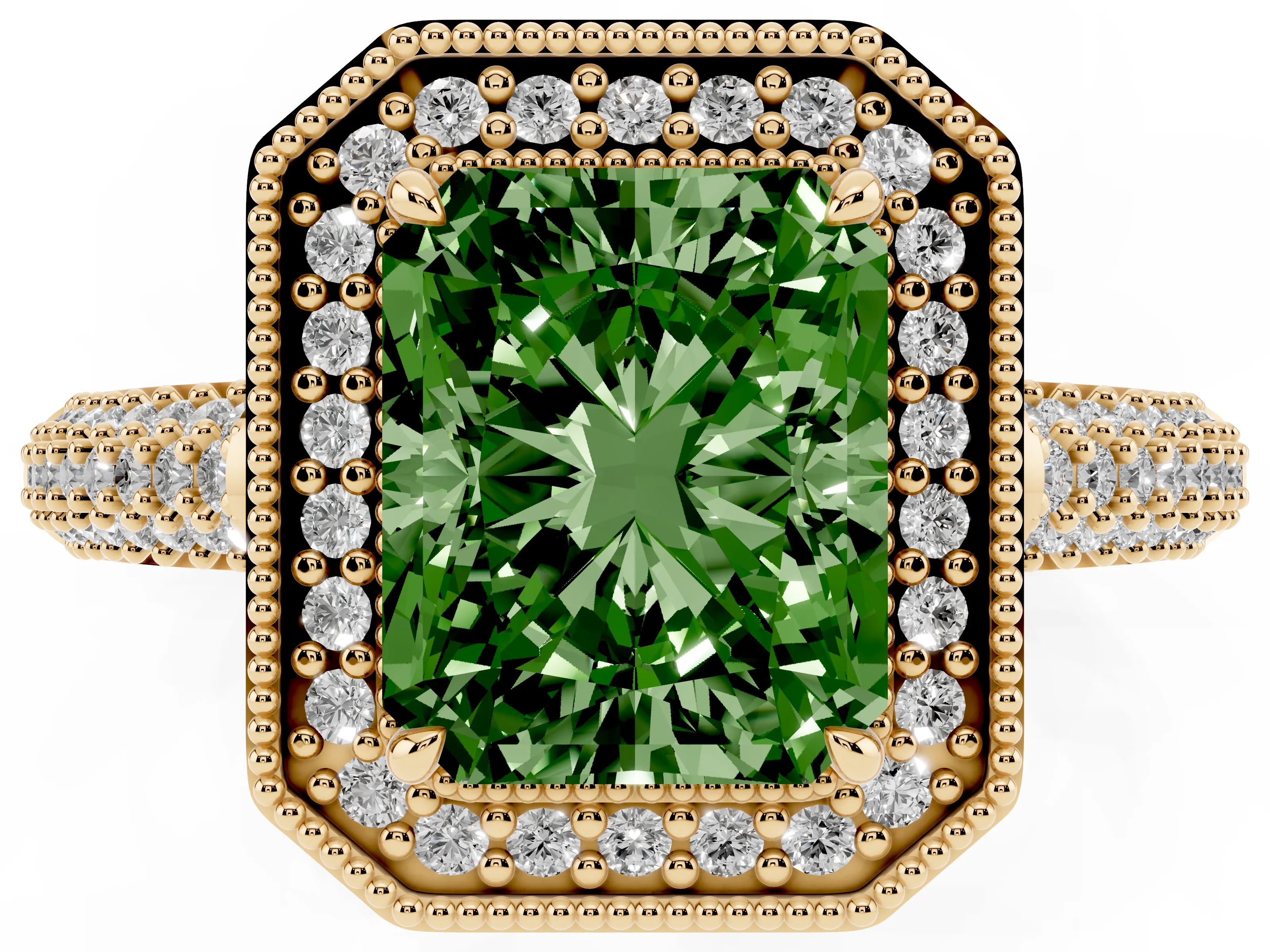 Fancy Green Radiant Cut Diamond Halo Pavé Band Set in Yellow gold with Prong Setting
