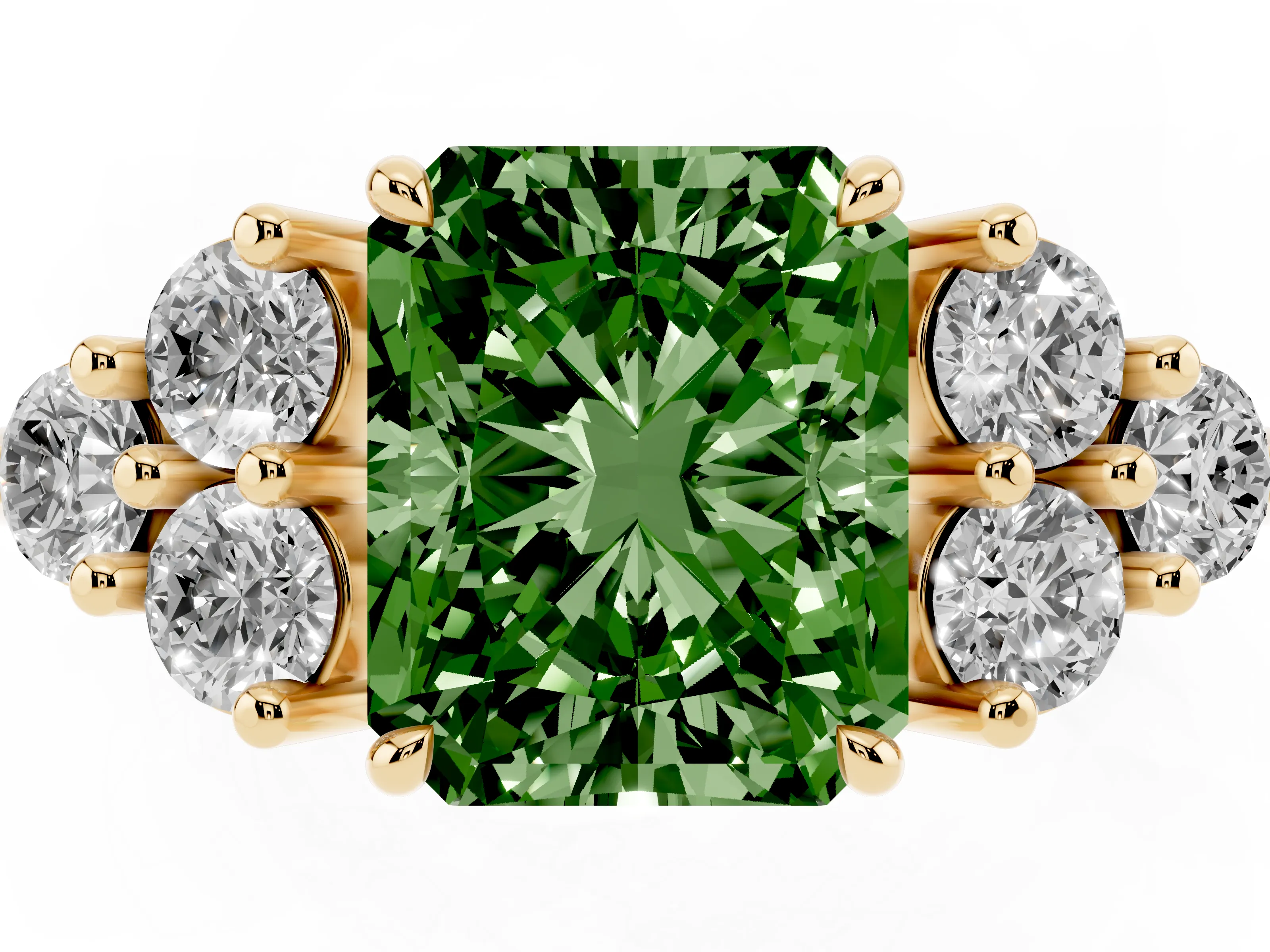 Fancy Green Radiant Cut Diamond Solitaire Ring Set in Yellow gold with Cluster Accents on Each Side