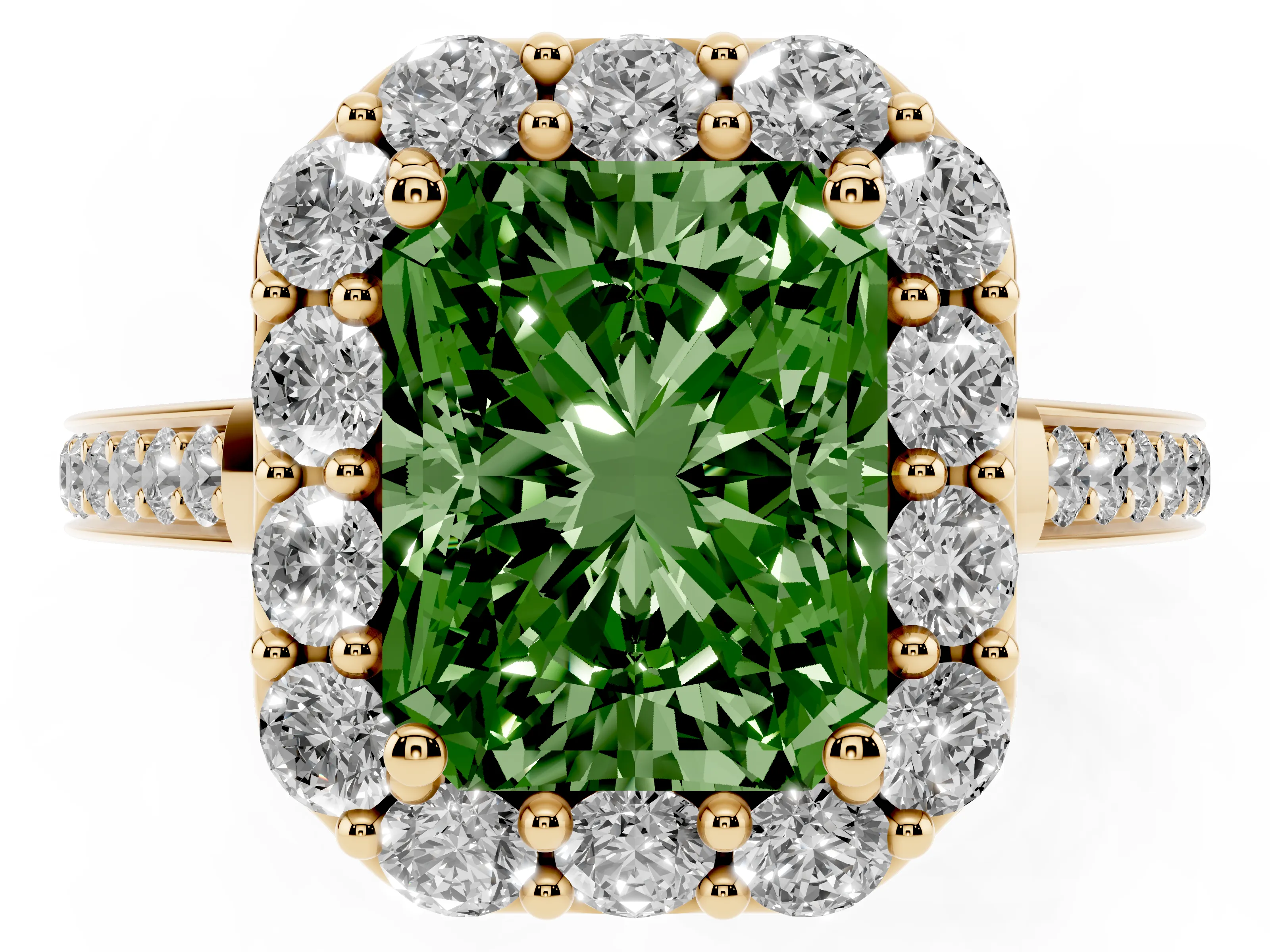 Fancy Green Radiant Cut Diamond Floral Halo Ring Set in Yellow gold with Pavé Band and Prong Setting