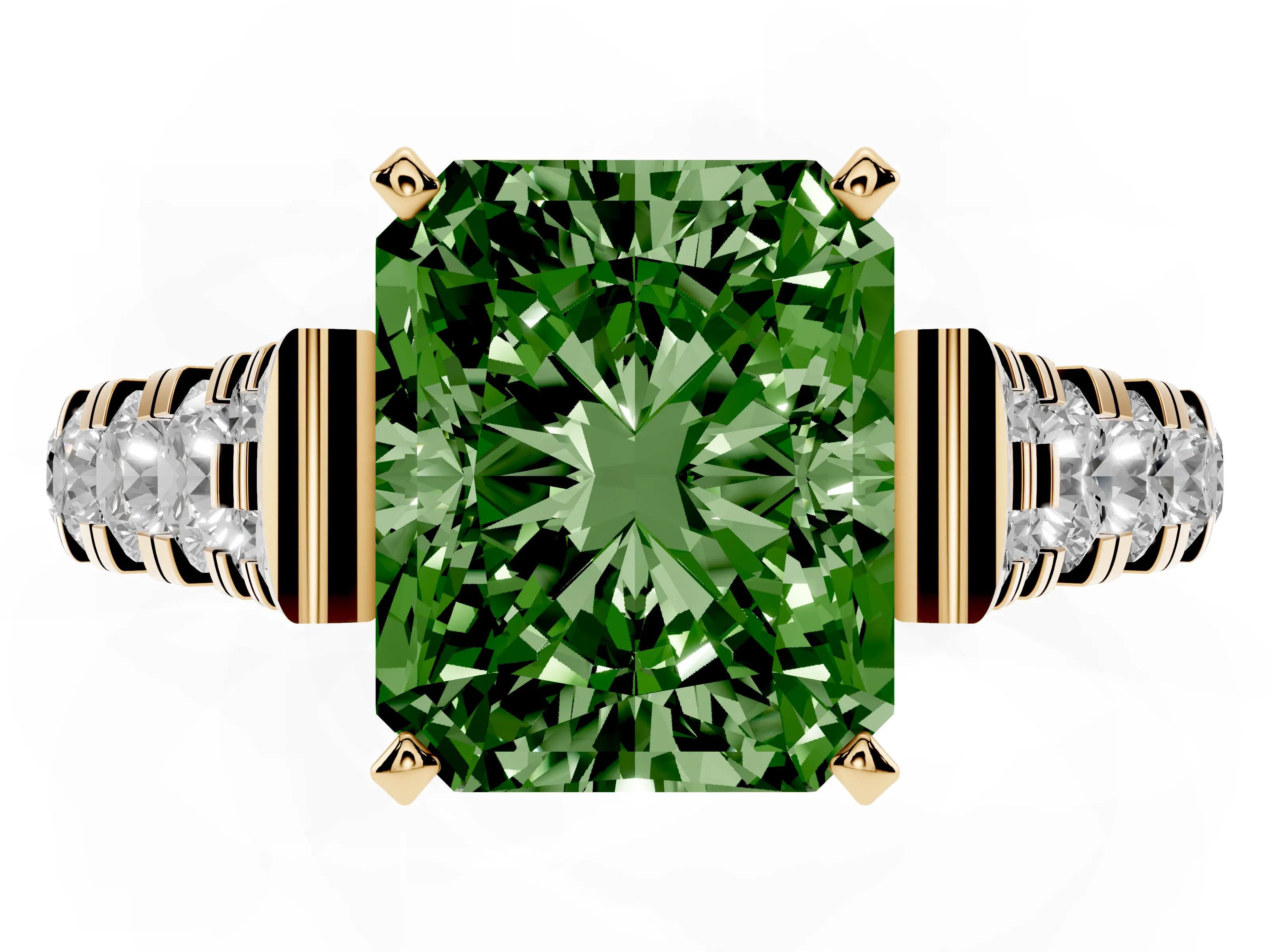 Fancy Green Radiant Cut Diamond Classic Solitaire Ring Set in Yellow gold with Pavé Band and Prong Setting