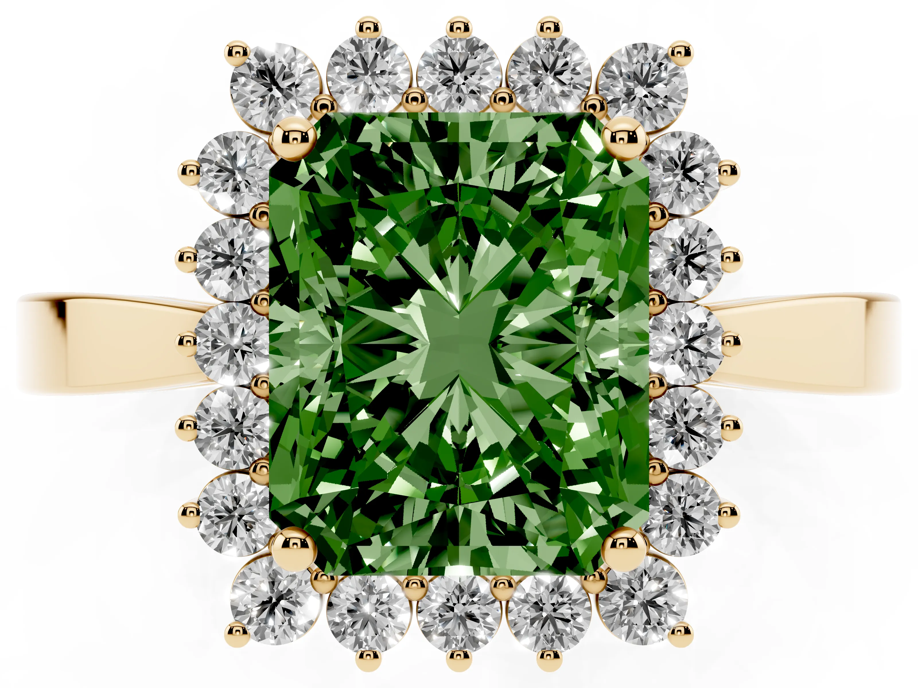 Fancy Green Radiant Cut Diamond Halo Ring Set in Yellow gold with Round Halo and Smooth Solitaire Band