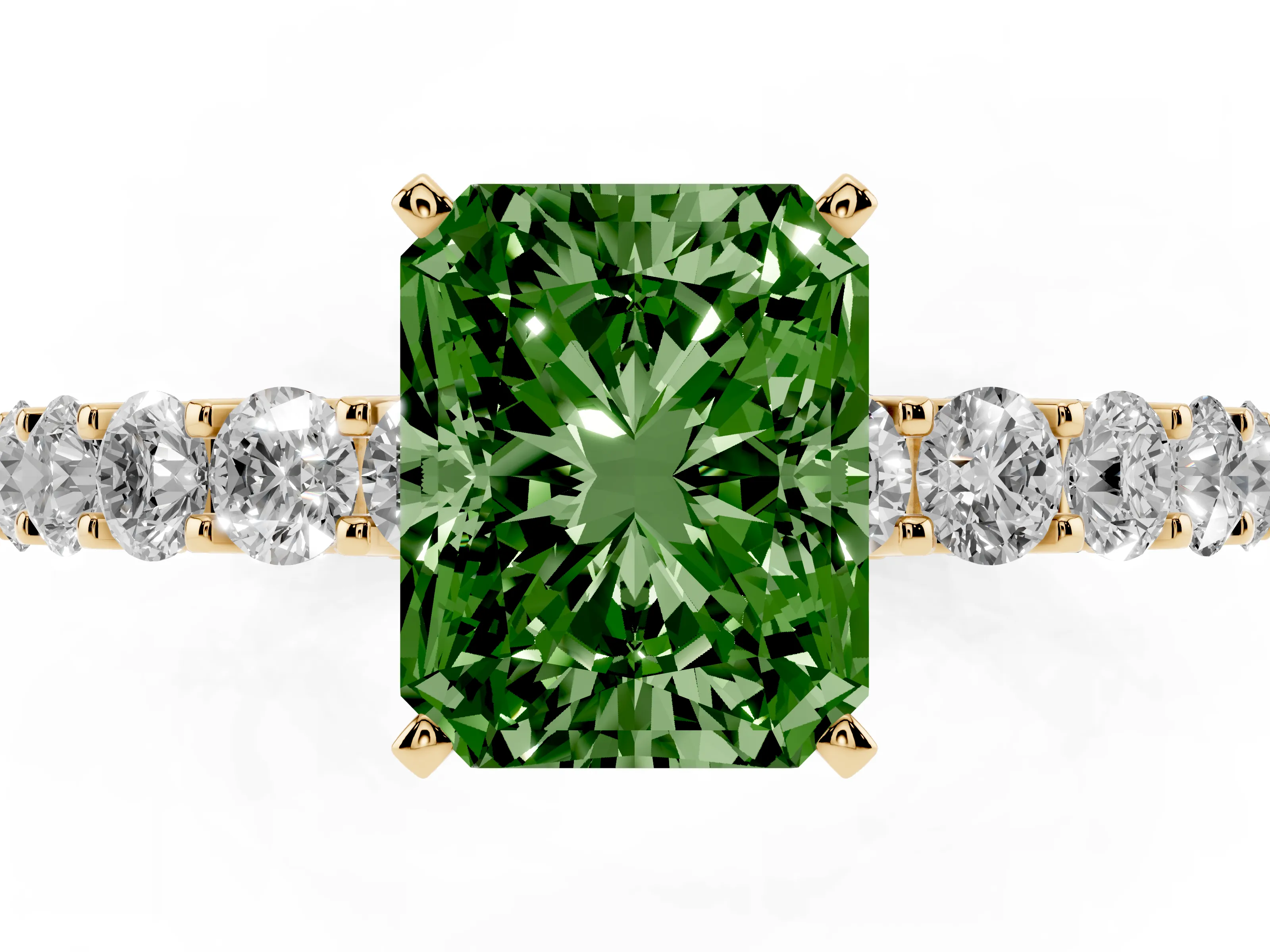 Fancy Green Radiant Cut Diamond Solitaire Ring Set in Yellow gold with Shared Prong Pavé Band
