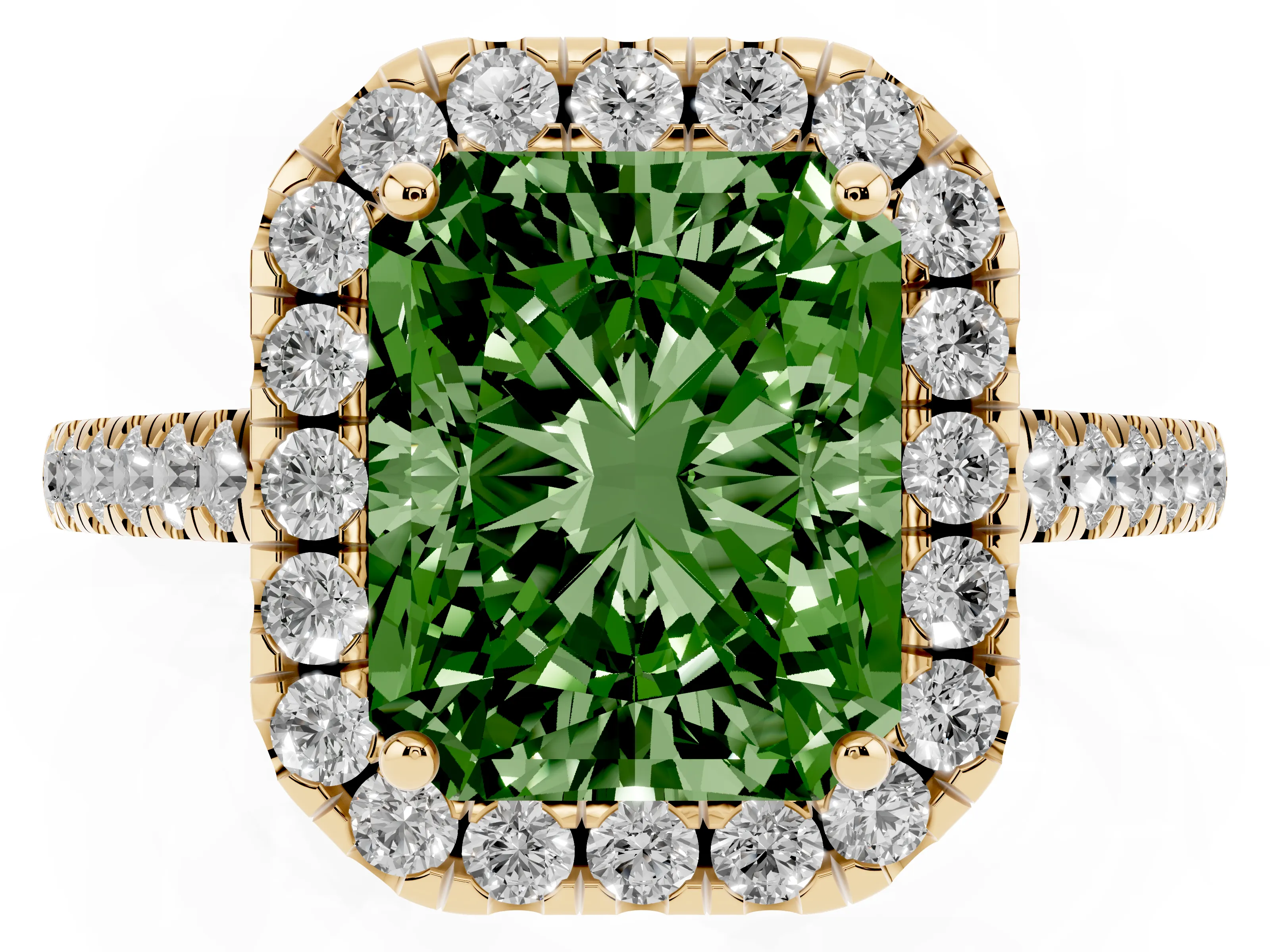 Fancy Green Radiant Cut Diamond Pavé Halo Engagement Ring Set in Yellow gold with Pavé Band and Prong Setting