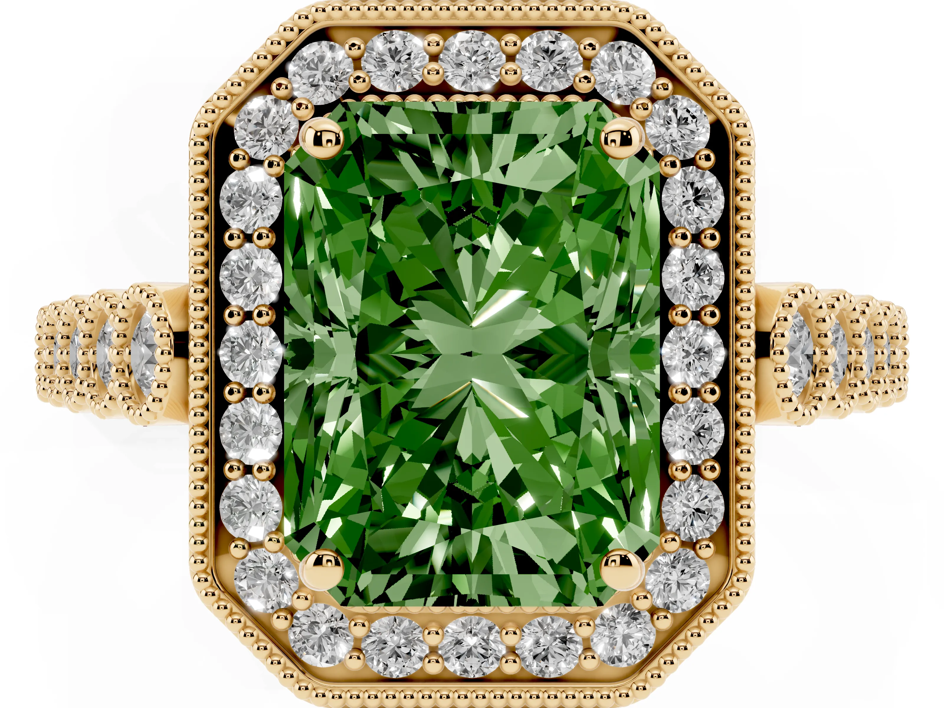 Fancy Green Radiant Cut Diamond Milgrain Halo Solitaire Ring Set in Yellow gold with Bezel Set Side Stones and Pavé Band