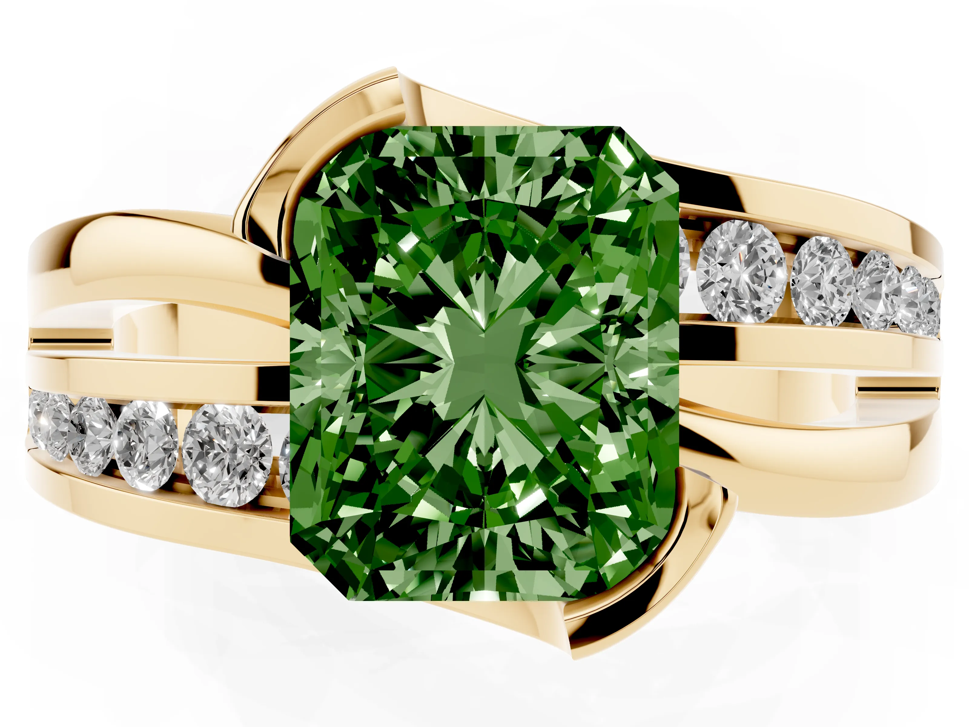 Fancy Green Radiant Cut Diamond Solitaire Ring Set in Yellow gold with Channel Set Split Shank and Tension Prongs