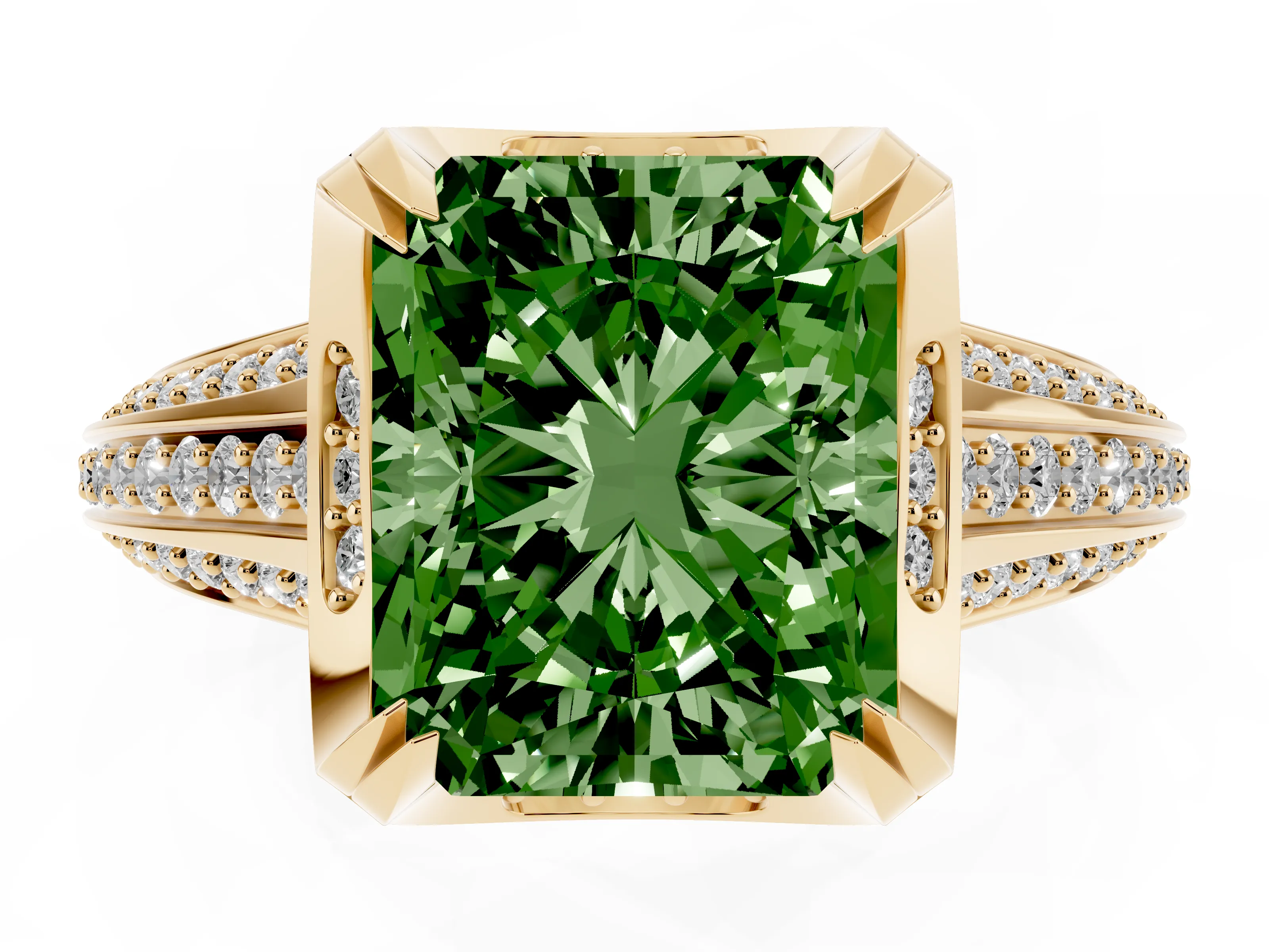 Fancy Green Radiant Cut Diamond Pavé Split Shank Solitaire Ring Set in Yellow gold with Prong Setting