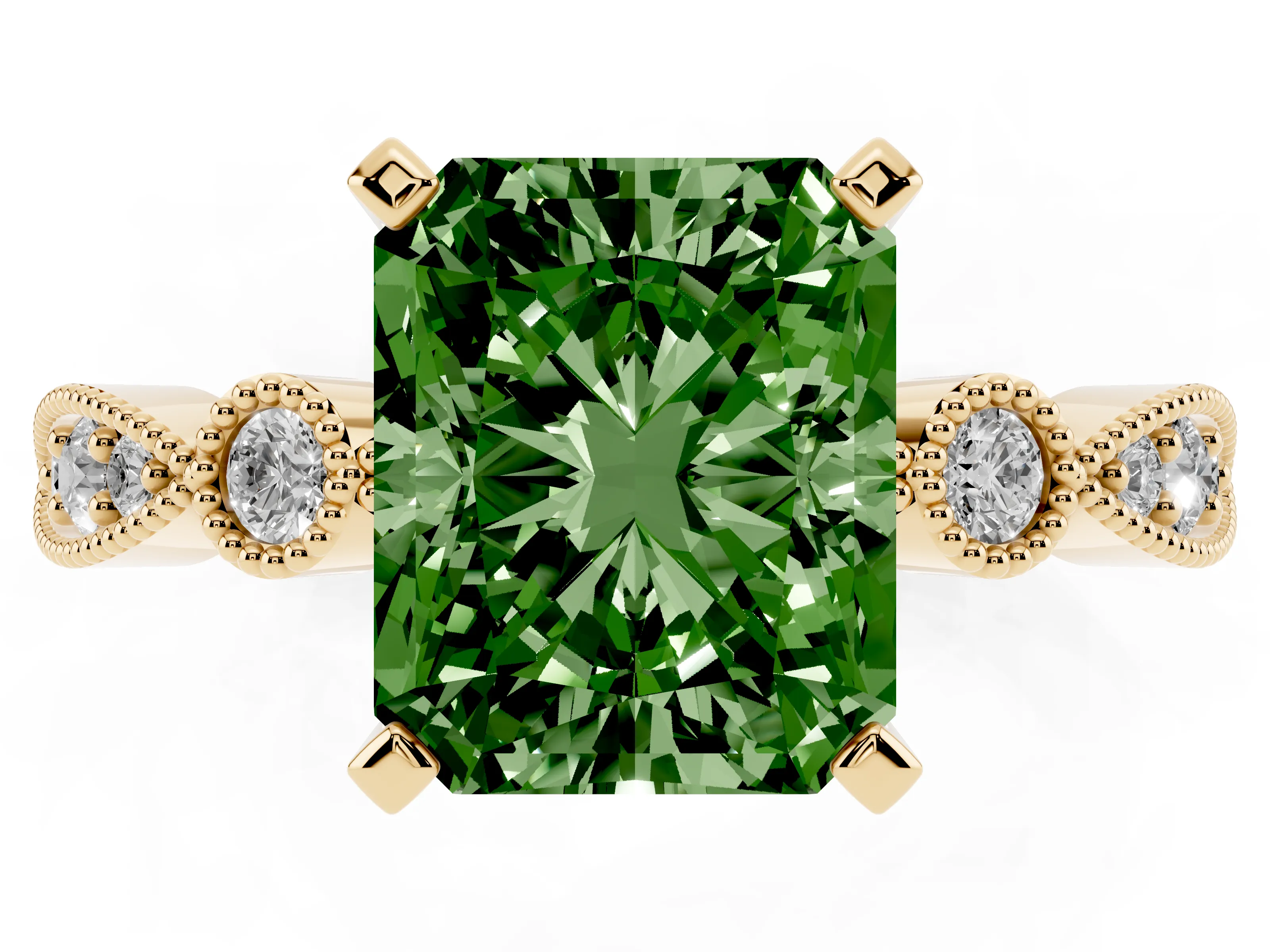 Fancy Green Radiant Cut Diamond Solitaire Engagement Ring Set in Yellow gold with Milgrain Bezel Accent Band