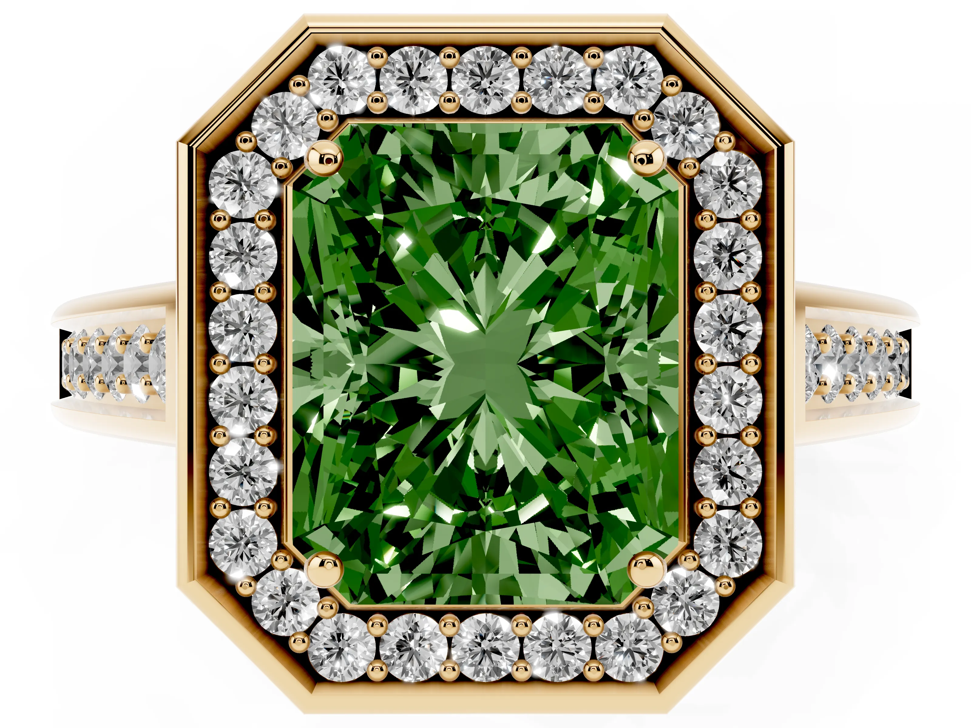 Fancy Green Radiant Cut Diamond Halo Solitaire Ring Set in Yellow gold with Pavé Band and Bezel Setting