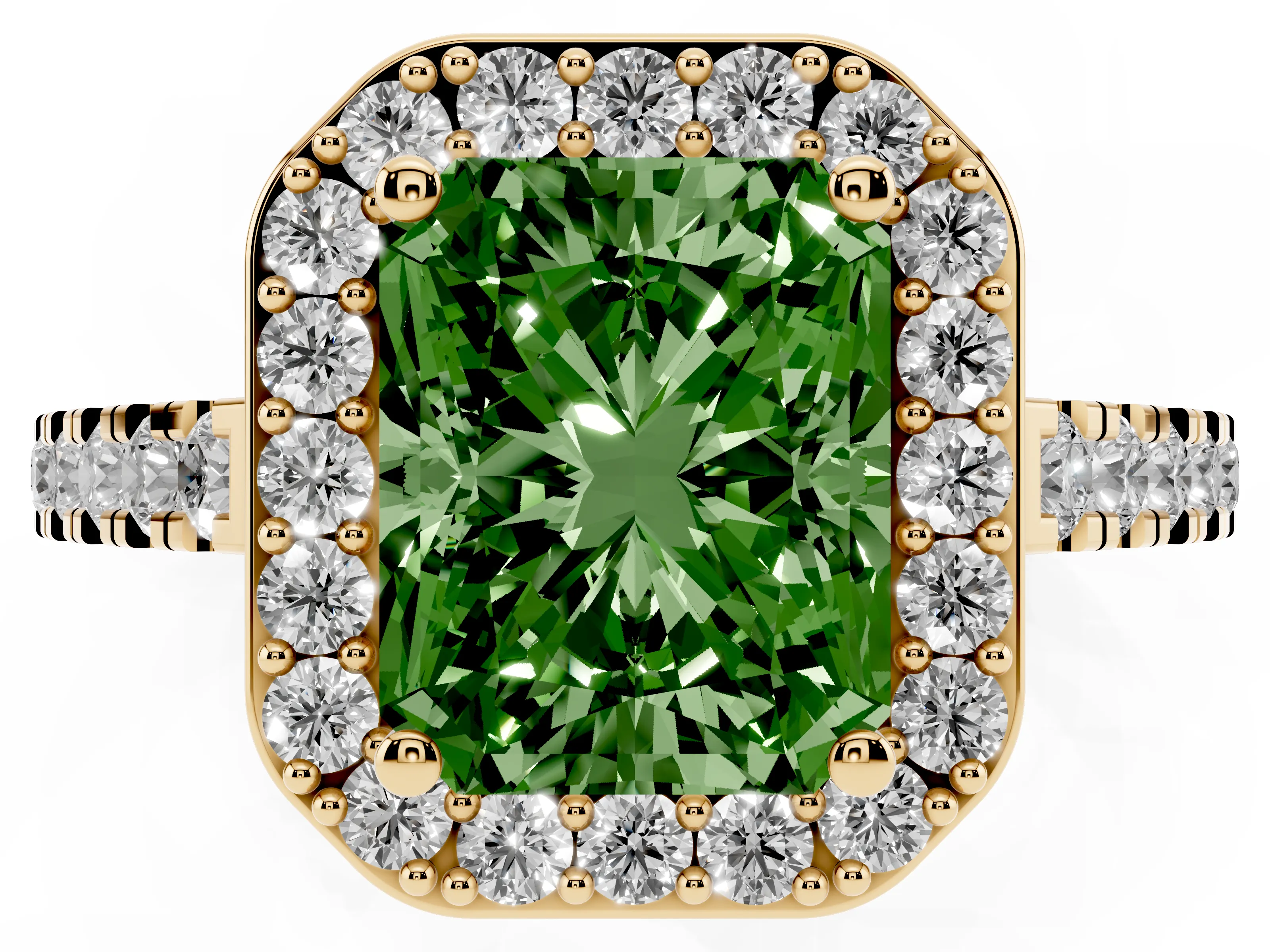 Fancy Green Radiant Cut Diamond Halo Ring Set in Yellow gold with Round Pavé Split Shank and Prong Setting