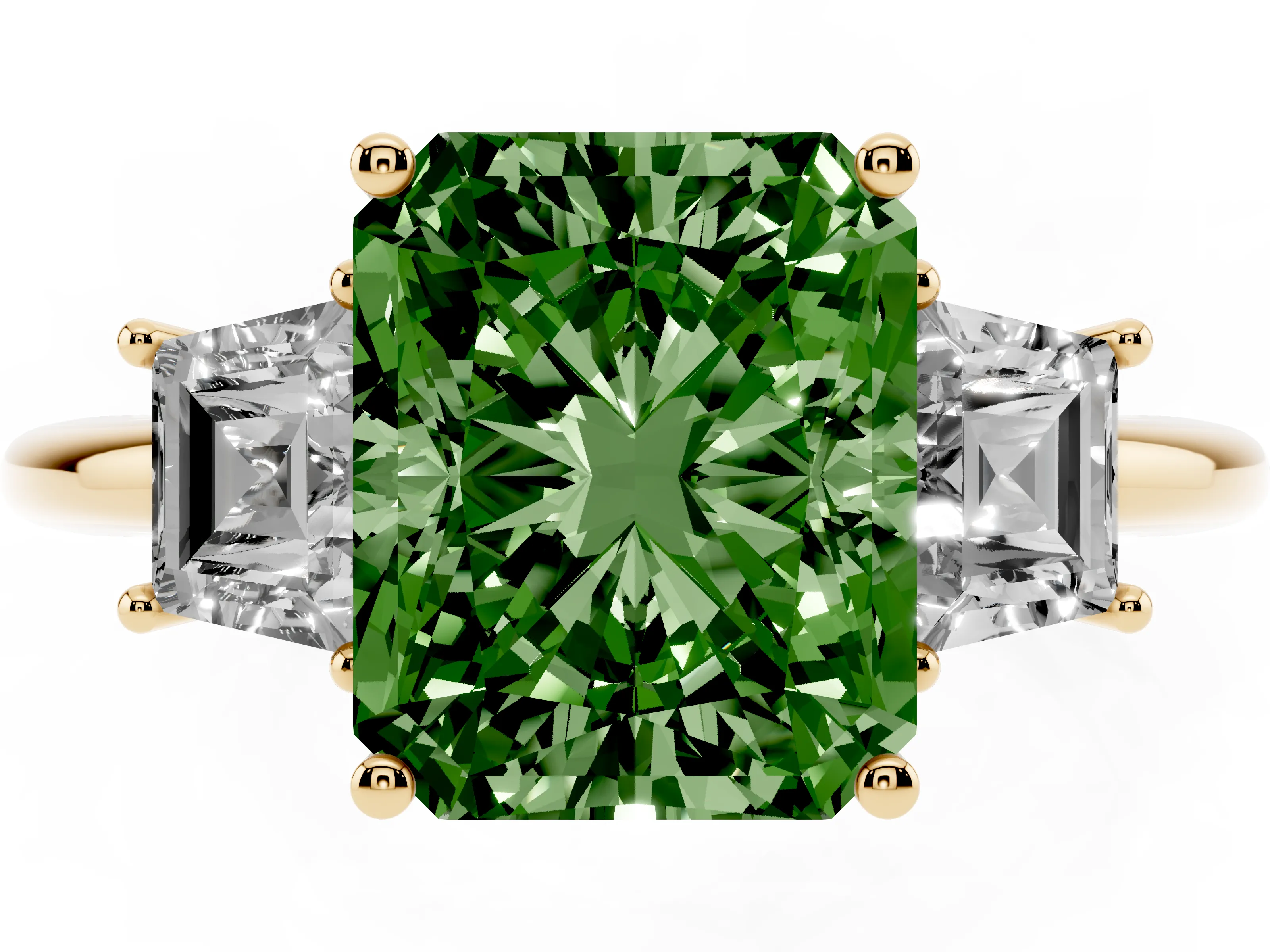 Fancy Green Radiant Cut Diamond Three-Stone Ring Set in Yellow gold with Trapezoid Side Stones and Prong Setting